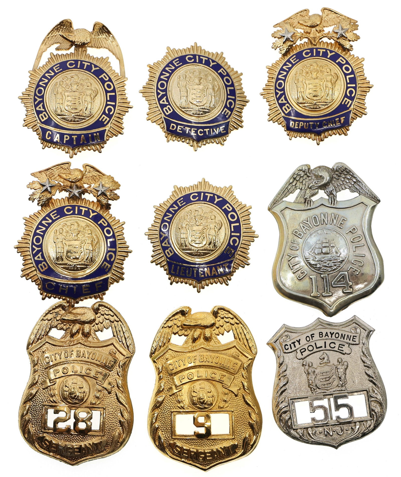 BAYONNE CITY NEW JERSEY OBSOLETE POLICE BADGES: BAYONNE CITY NEW JERSEY OBSOLETE POLICE BADGES Nine obsolete Bayonne City, New Jersey Police badges. Includes Captain, Lieutenant, Detective, Chief, Deputy Chief, Sergeant No. 9, Police No. 55, Police
