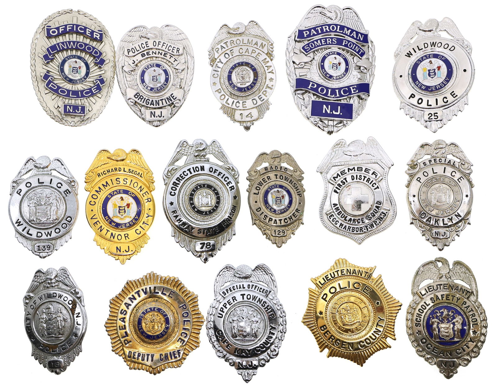 NEW JERSEY OBSOLETE POLICE OFFICER BADGES: NEW JERSEY OBSOLETE POLICE OFFICER BADGES 17 obsolete New Jersey law enforcement badges including: Ventnor City Commissioner Richard L. Segal Bergen County Police Lieutenant Egg Harbor Tow