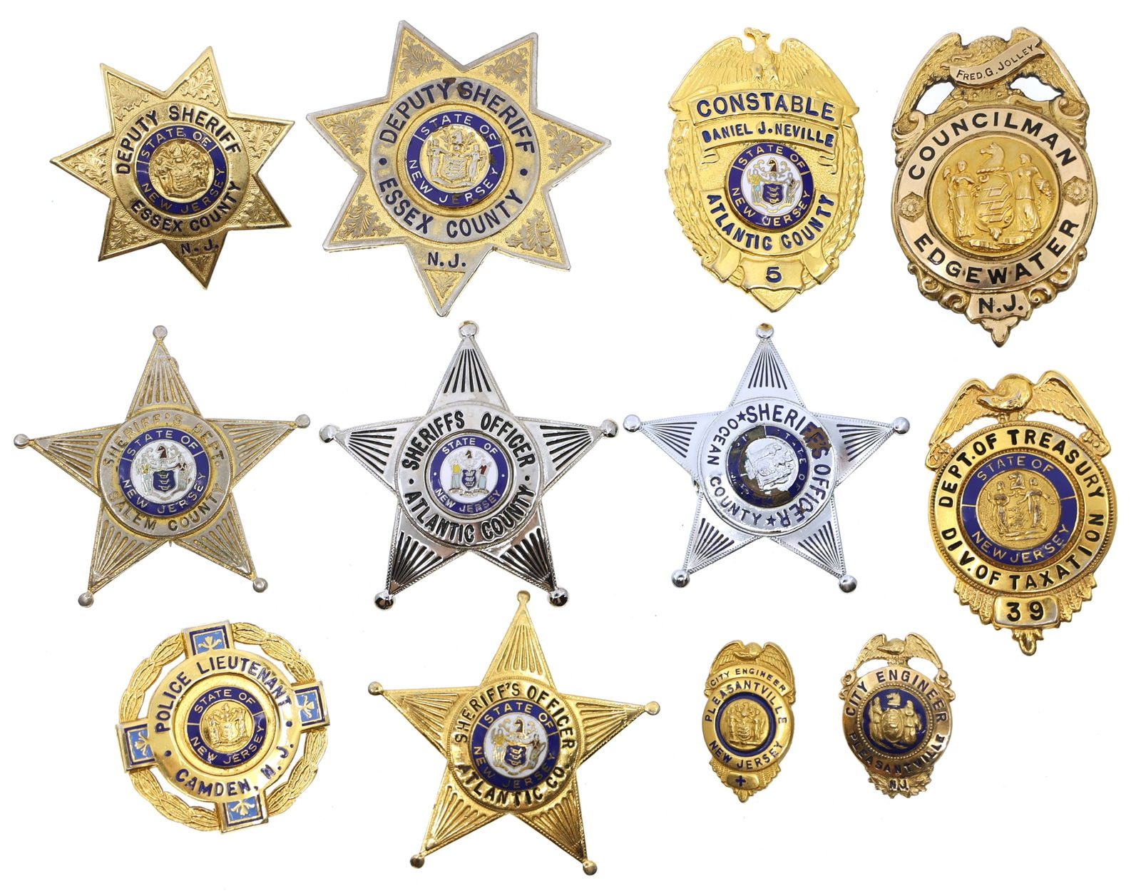 NEW JERSEY LAW ENFORCEMENT POLICE & CIVILIAN BADGES: NEW JERSEY LAW ENFORCEMENT POLICE & CIVILIAN BADGES 12 obsolete New Jersey law enforcement & civilian badges, including: Dept. of Treasury Division of Taxation, No. 39 Essex County Deputy S
