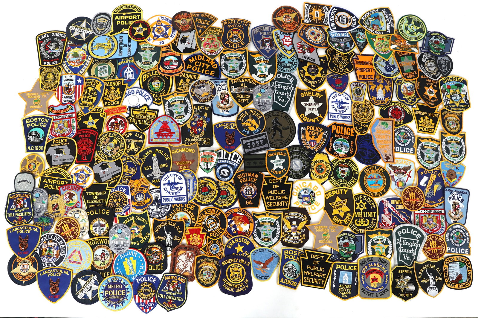 LAW ENFORCEMENT POLICE SHERIFF CORRECTIONS PATCHES: LAW ENFORCEMENT POLICE SHERIFF CORRECTIONS PATCHES 170+ obsolete Law Enforcement patches from PA, VA, IN, ME, NH, CT, VT, GA, RI, FL, etc. including Police, Sheriff, Corrections, K9, and SWAT.