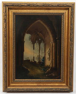 19TH C. GOTHIC REVIVAL ARCHITECTURAL OIL ON CANVAS: 19TH C. GOTHIC REVIVAL ARCHITECTURAL OIL ON CANVAS 19th century Gothic-Revival era oil on canvas painting of an armoured knight looking to the sky in Gothic architectural ruins. Set in a modern gilt f