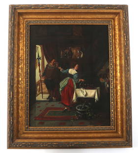 19TH C. GOTHIC REVIVAL OIL ON CANVAS TAVERN SCENE: 19TH C. GOTHIC REVIVAL OIL ON CANVAS TAVERN SCENE 19th century Gothic-Revival era oil on canvas painting of a tavern scene. Unsigned. Set in a modern gilt frame. Size - Framed: 24.5 x 28" Size