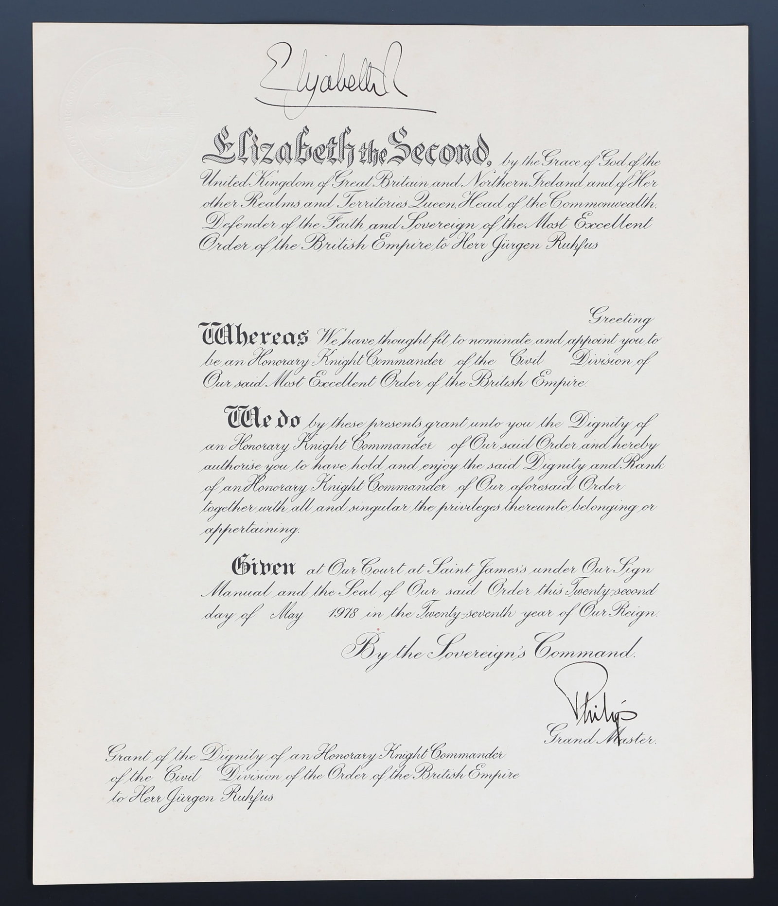 QUEEN ELIZABETH II PRINCE PHILIP SIGNED ROYAL DOCUMENT (1 of 5)