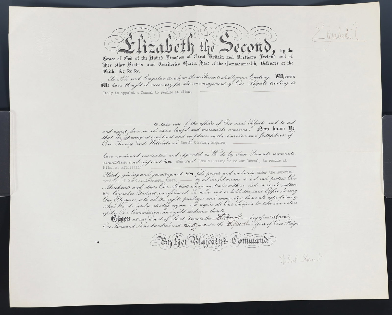 QUEEN ELIZABETH II SIGNED ROYAL DOCUMENT (1 of 6)
