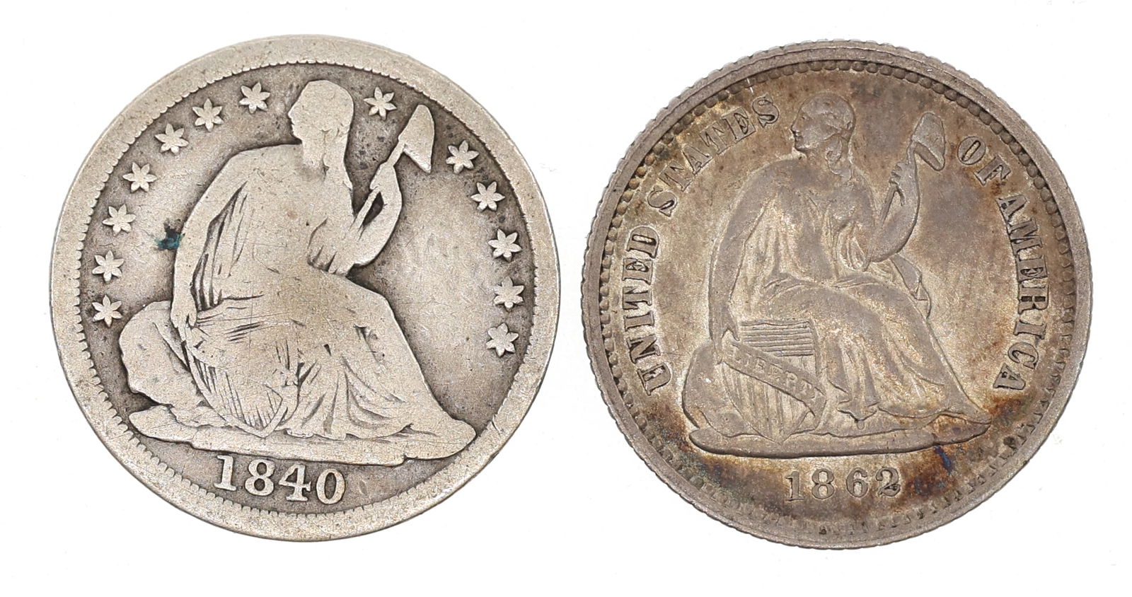 1840 & 1862 US SILVER SEATED 5C HALF DIME COINS (1 of 2)