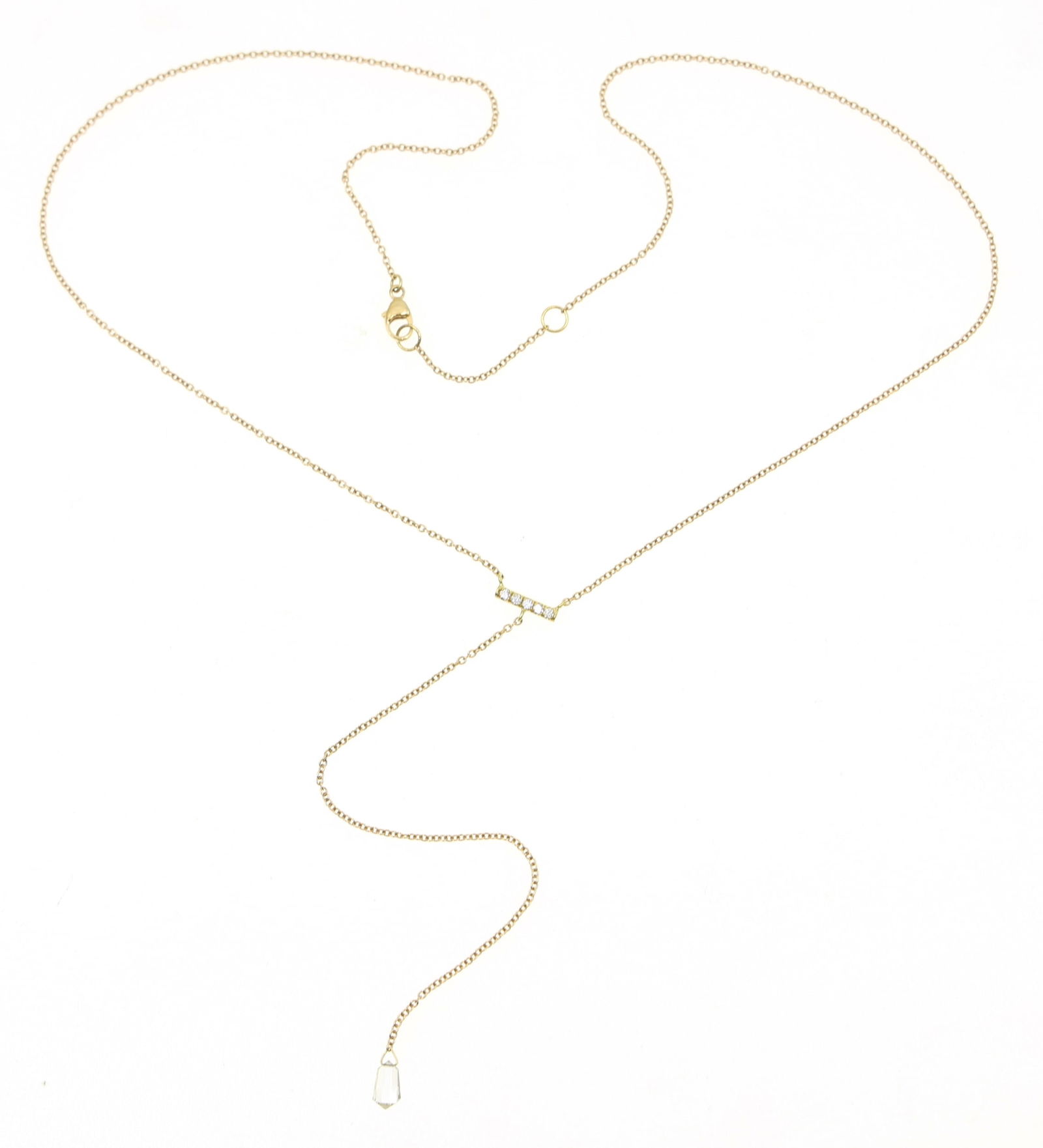 18K YELLOW GOLD BRIOLETTE DIAMOND T NECKLACE: 18K YELLOW GOLD BRIOLETTE DIAMOND T NECKLACE 18K yellow gold Briolette diamond T necklace: (5) 0.02 ct round white diamonds (1) 6.5 x 3.5mm Briolette diamond Si