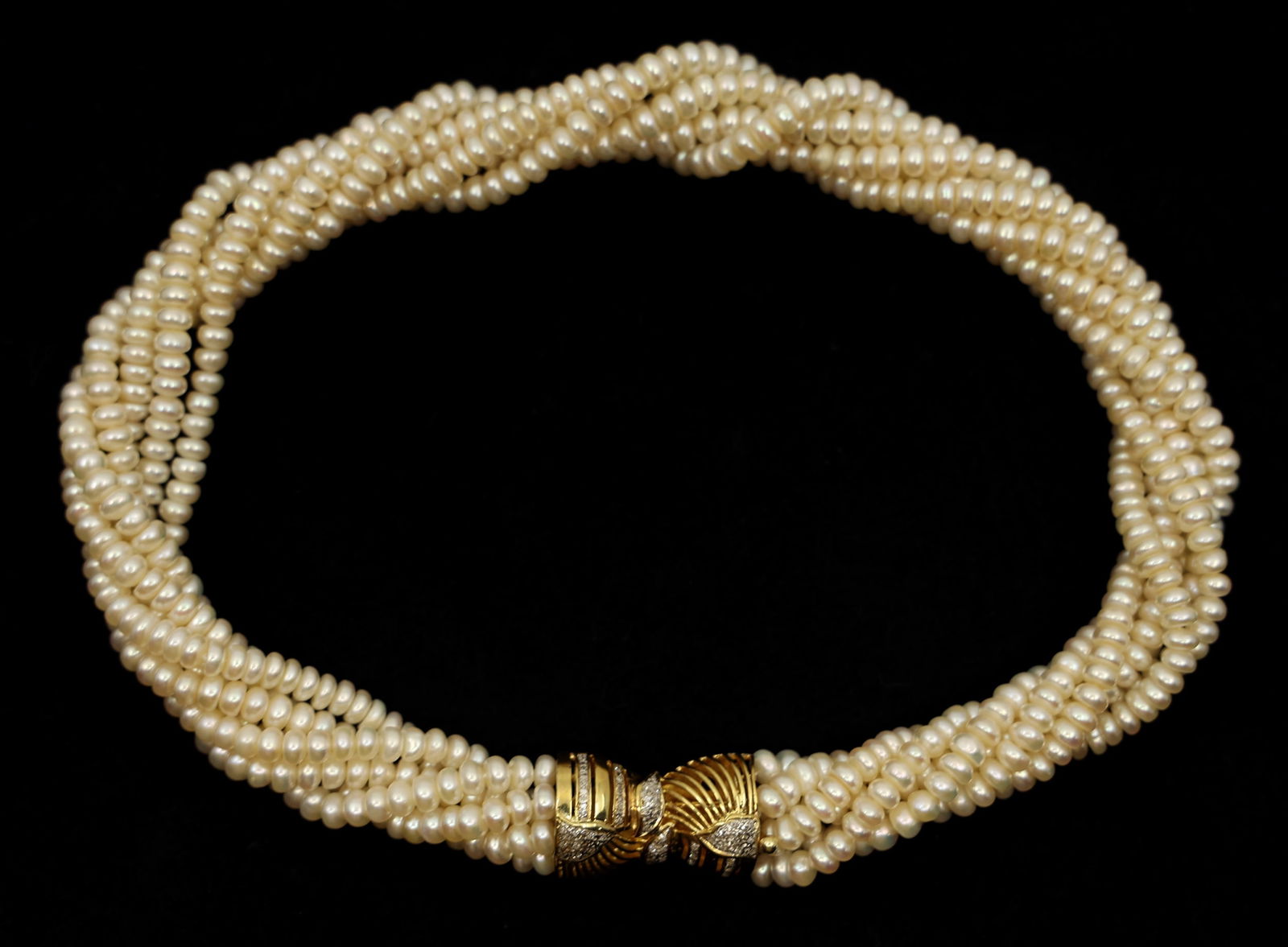 MULTI-STRAND PEARL CHOKER, 14K GOLD & DIAMOND CLASP (1 of 5)