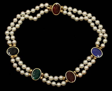 PEARL & INTAGLIO CHOKER NECKLACE W/ 14K YELLOW GOLD: PEARL & INTAGLIO CHOKER NECKLACE W/ 14K YELLOW GOLD14K yellow gold pearl and intaglio choker necklace:Intaglio, 13 x 17mmOnyxChrysopraseCarnelianDyed chalcedony6mm pearls Size: 14" Weight: