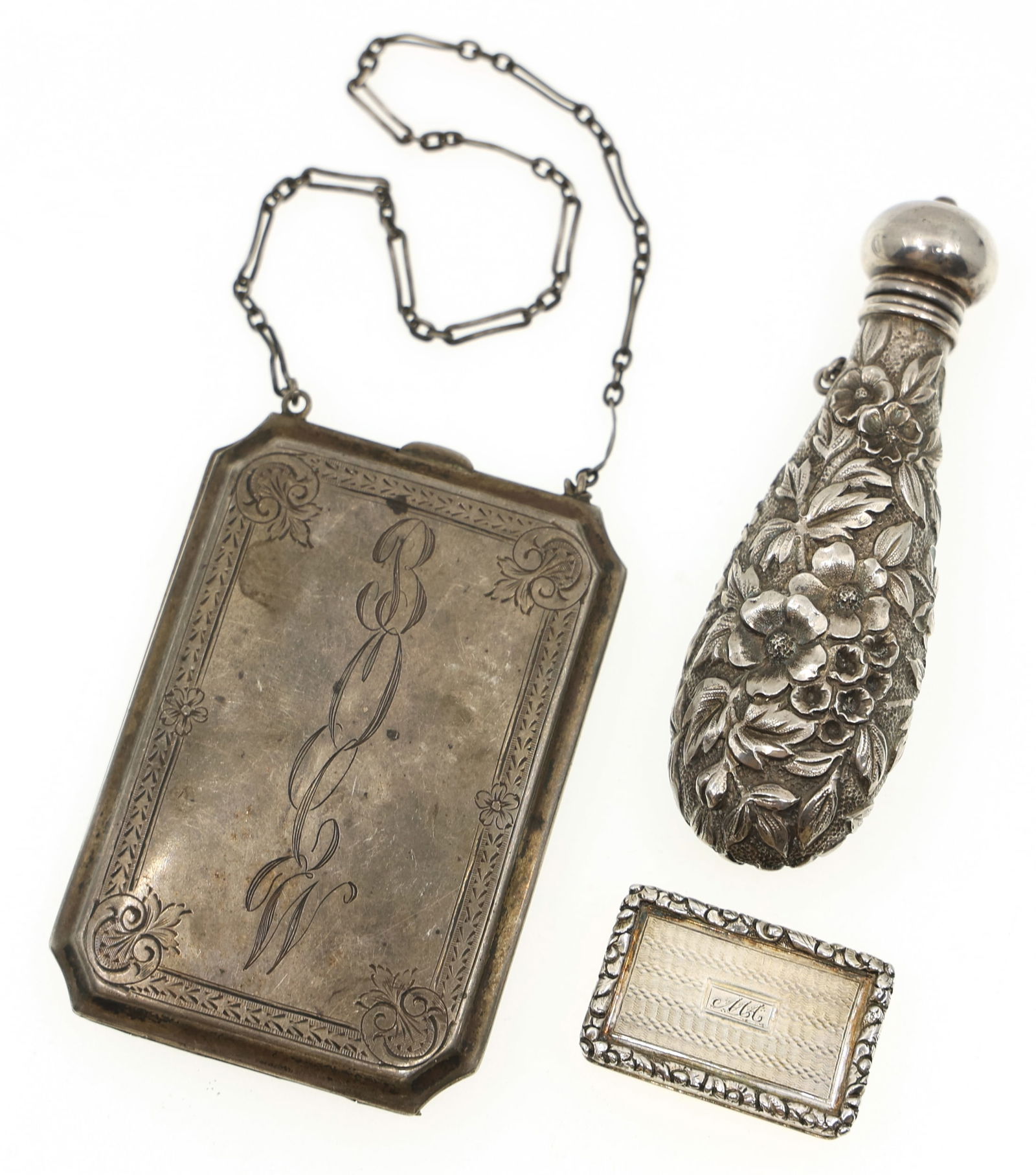 STERLING SILVER VINAIGRETTE, PERFUME FLASK, & PURSE (1 of 9)