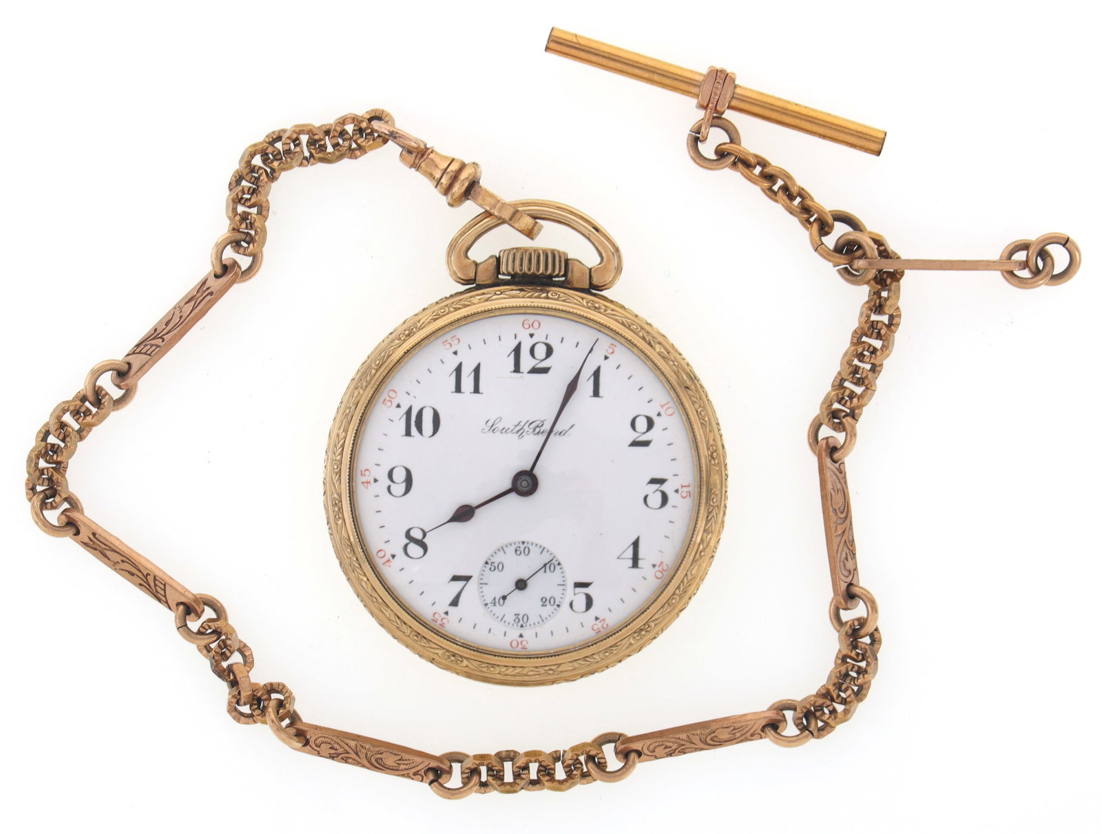 MEN'S SOUTH BEND GOLD FILLED POCKET WATCH & WATCH FOB: MEN'S SOUTH BEND GOLD FILLED POCKET WATCH & WATCH FOB Men's South Bend Watch Co. gold filled case pocket watch with gold filled watch fob: Open face Arabic numerals M
