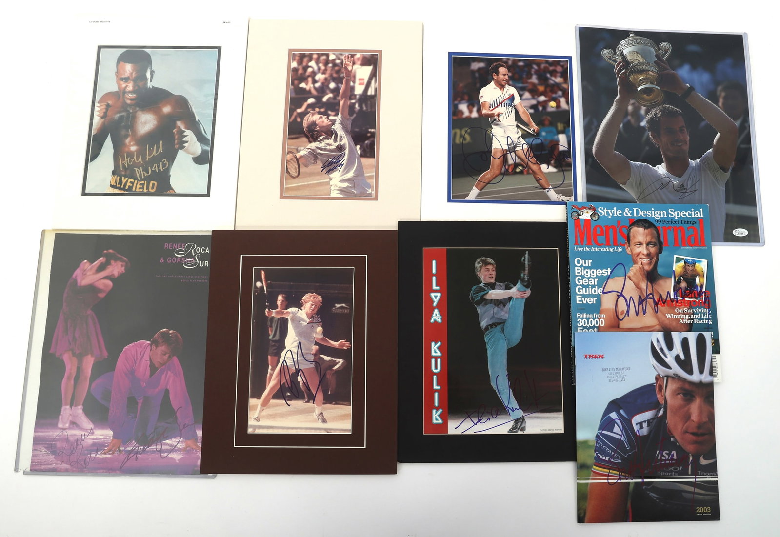 ATHLETE AUTOGRAPHS - TENNIS, BOXING, CYCLING, & MORE: ATHLETE AUTOGRAPHS - TENNIS, BOXING, CYCLING, & MORE Nine athlete signatures. Includes: Tennis player John Mcenroe 11x14" print signed in blue marker. Set in cardboard. Tennis player Stephen Edb