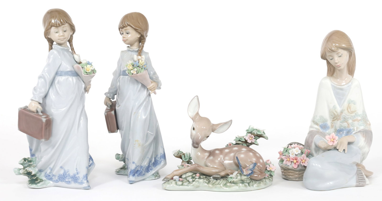 LLADRO PORCELAIN FIGURINES 7604, 7607, & 5376: LLADRO PORCELAIN FIGURINES 7604, 7607, & 5376 Four Lladro porcelain figurines. All in original boxes. Includes: (2) School Days 7604 figurines 8 x 4.5" Flowers Song 7607 figurine 7
