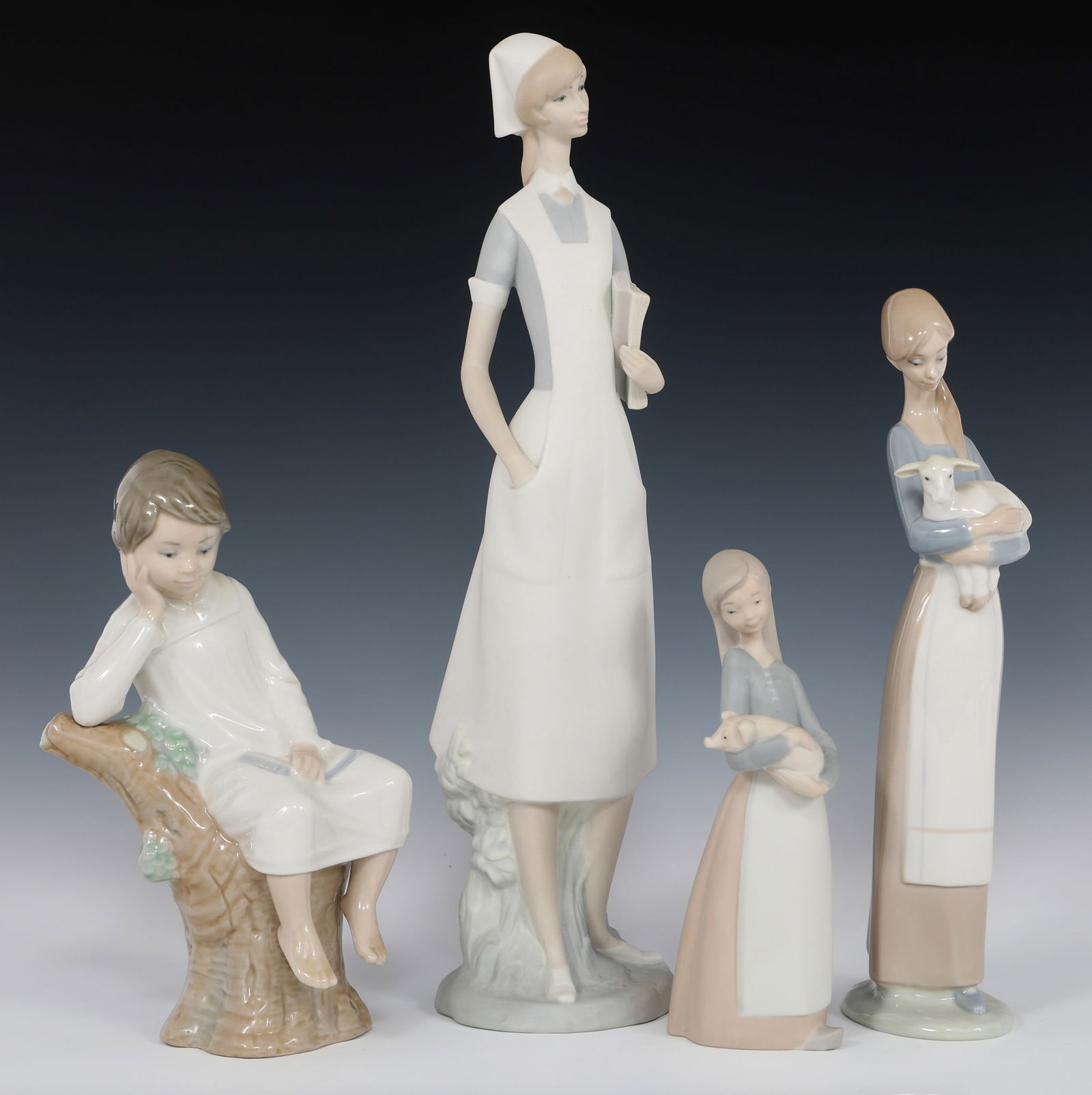 LLADRO PORCELAIN FIGURINES 1011, 4505, 4603, & 4876: LLADRO PORCELAIN FIGURINES 1011, 4505, 4603, & 4876 Four Lladro porcelain figurines including: "Nurse" bisque finish #4603, 14.25" "Girl with Lamb" #4505, 10.5" "Girl