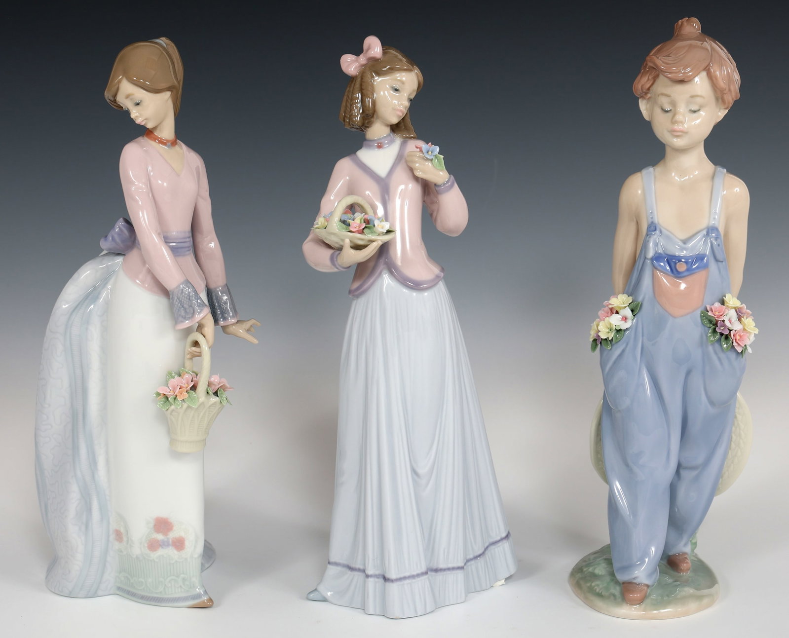 LLADRO PORCELAIN FIGURINES W/ FLOWERS 7622, 7644 & 7650: LLADRO PORCELAIN FIGURINES W/ FLOWERS 7622, 7644 & 7650 Lladro porcelain figurines with flowers include: 7622 Basket of Love, includes box 7644 Innocence in Bloom, includes box 7650