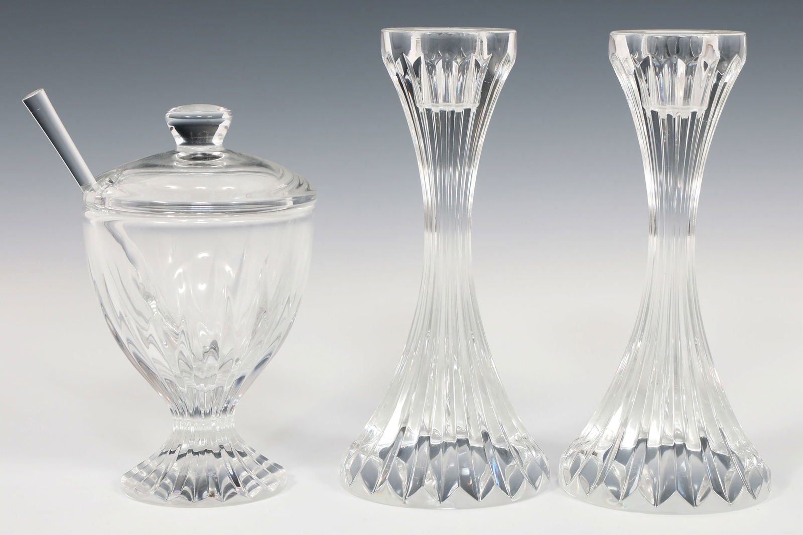 BACCARAT CRYSTAL MASSENA CANDLESTICKS & MUSTARD JAR: BACCARAT CRYSTAL MASSENA CANDLESTICKS & MUSTARD JAR Baccarat Crystal serveware. Includes: (2) Single Light Candlesticks 6" Mustard & lid 5" Size: Varied