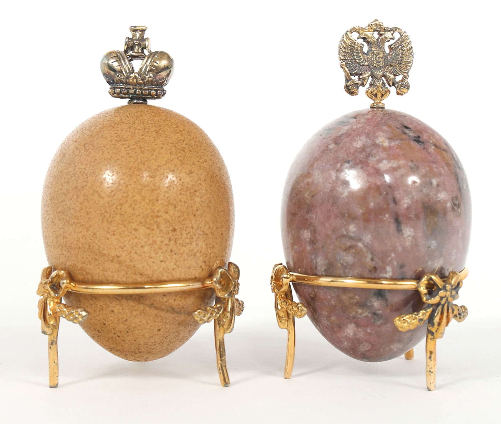 FABERGE GEMSTONE EGGS: FABERGE GEMSTONE EGGS Two Fabergé Imperial Collection "Good Fortune" Jasper gemstone eggs. Includes original boxes. Size: 3" with stand