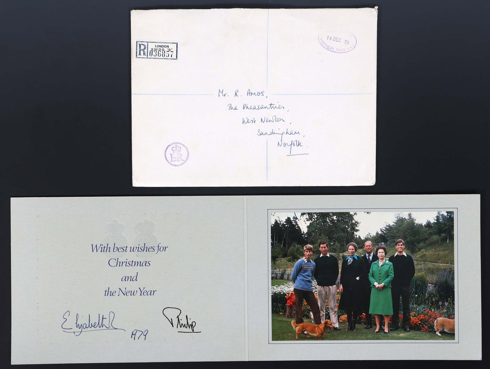 1979 QUEEN ELIZABETH II & PRINCE PHILIP CHRISTMAS CARD: 1979 QUEEN ELIZABETH II & PRINCE PHILIP CHRISTMAS CARD Queen Elizabeth II and Prince Philip autopen signed Christmas card, dated 1979. Includes envelope addressed to Mr. R. Amos. Size: 8.75