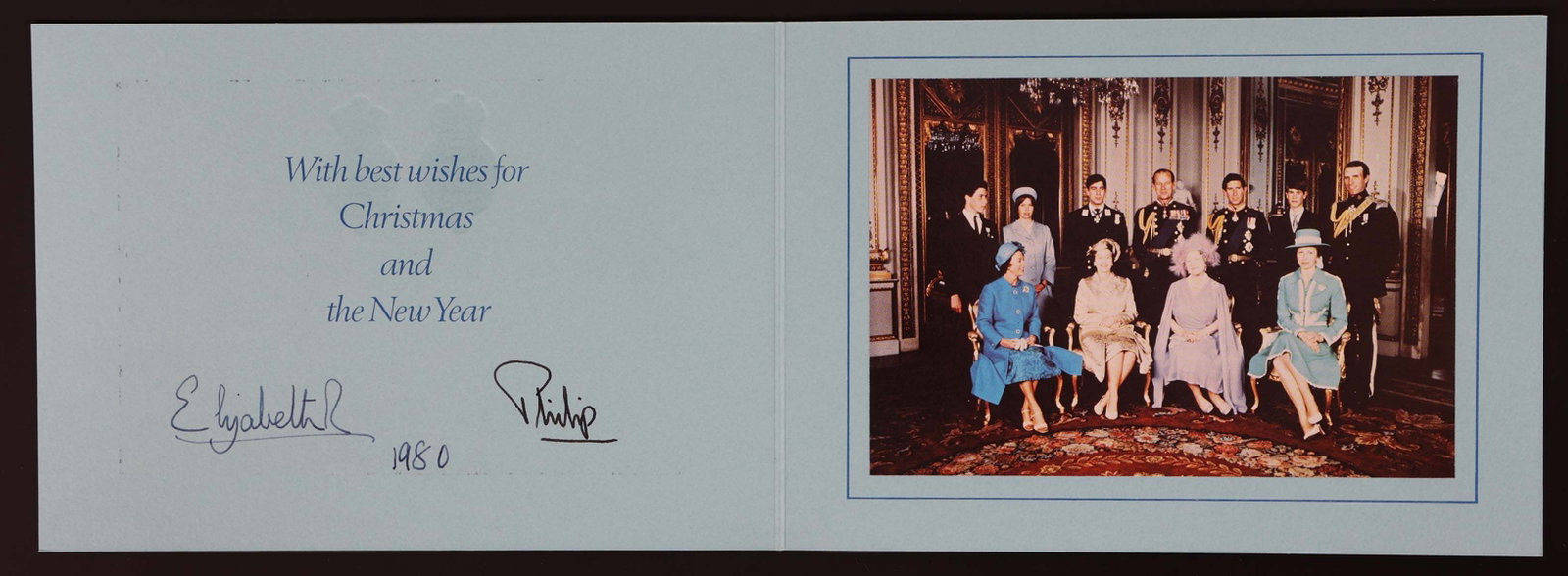 1980 QUEEN ELIZABETH II & PRINCE PHILIP CHRISTMAS CARD: 1980 QUEEN ELIZABETH II & PRINCE PHILIP CHRISTMAS CARD Queen Elizabeth II and Prince Philip autopen signed Christmas card, dated 1980, signed "Elizabeth R" and "Philip". Size: 6 x 8 3/8"