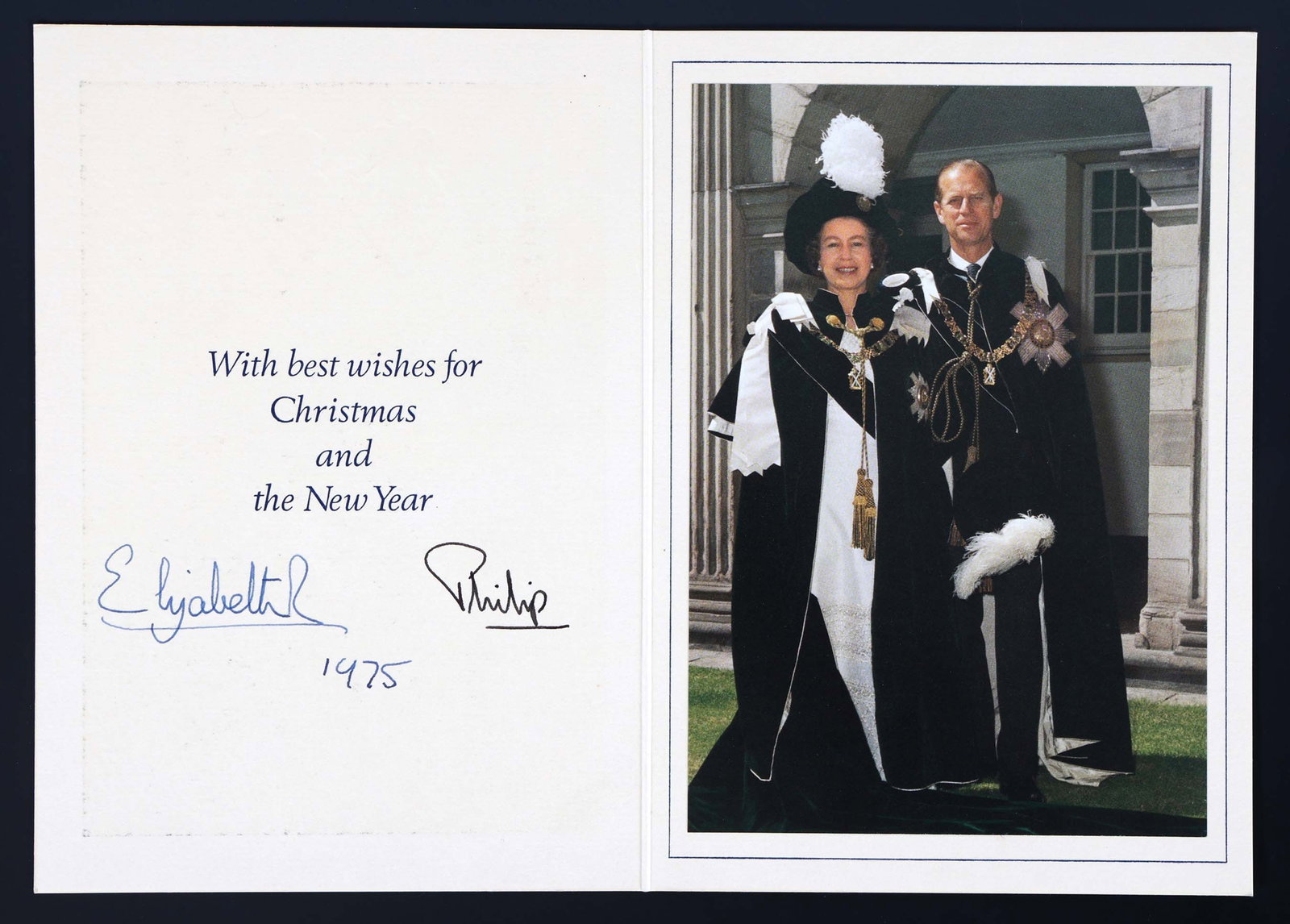 1975 QUEEN ELIZABETH II & PRINCE PHILIP CHRISTMAS CARD: 1975 QUEEN ELIZABETH II & PRINCE PHILIP CHRISTMAS CARD Queen Elizabeth II and Prince Philip autopen signed Christmas card, dated 1975, signed "Elizabeth R" and "Philip". Size: 6 x 8.5"