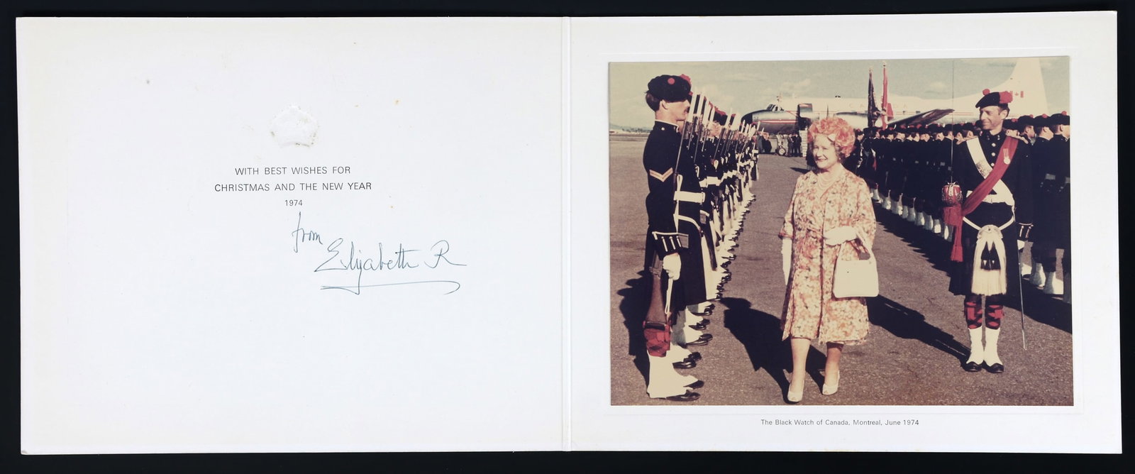ELIZABETH QUEEN MOTHER SIGNED CHRISTMAS CARD: ELIZABETH QUEEN MOTHER SIGNED CHRISTMAS CARD Queen Elizabeth The Queen Mother signed Christmas card alongside a photo captioned "The Black Watch of Canada, Montreal, June 1974". Signed "Elizabeth R", 