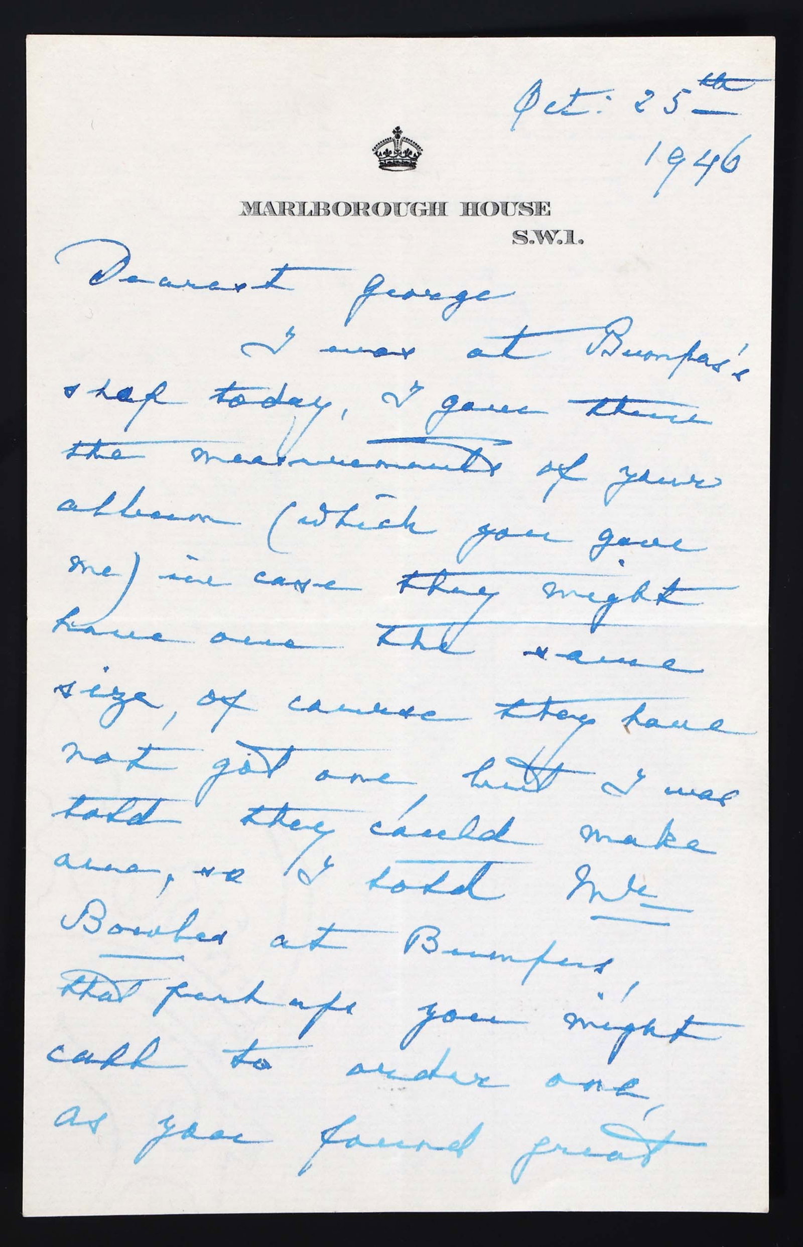 1946 QUEEN CONSORT MARY OF TECK ALS LETTER: 1946 QUEEN CONSORT MARY OF TECK ALS LETTER Queen consort to King George V, Queen Mary of Teck handwritten and autographed letter, dated October 25, 1946, addressed to her nephew George Cambridge, 2nd 