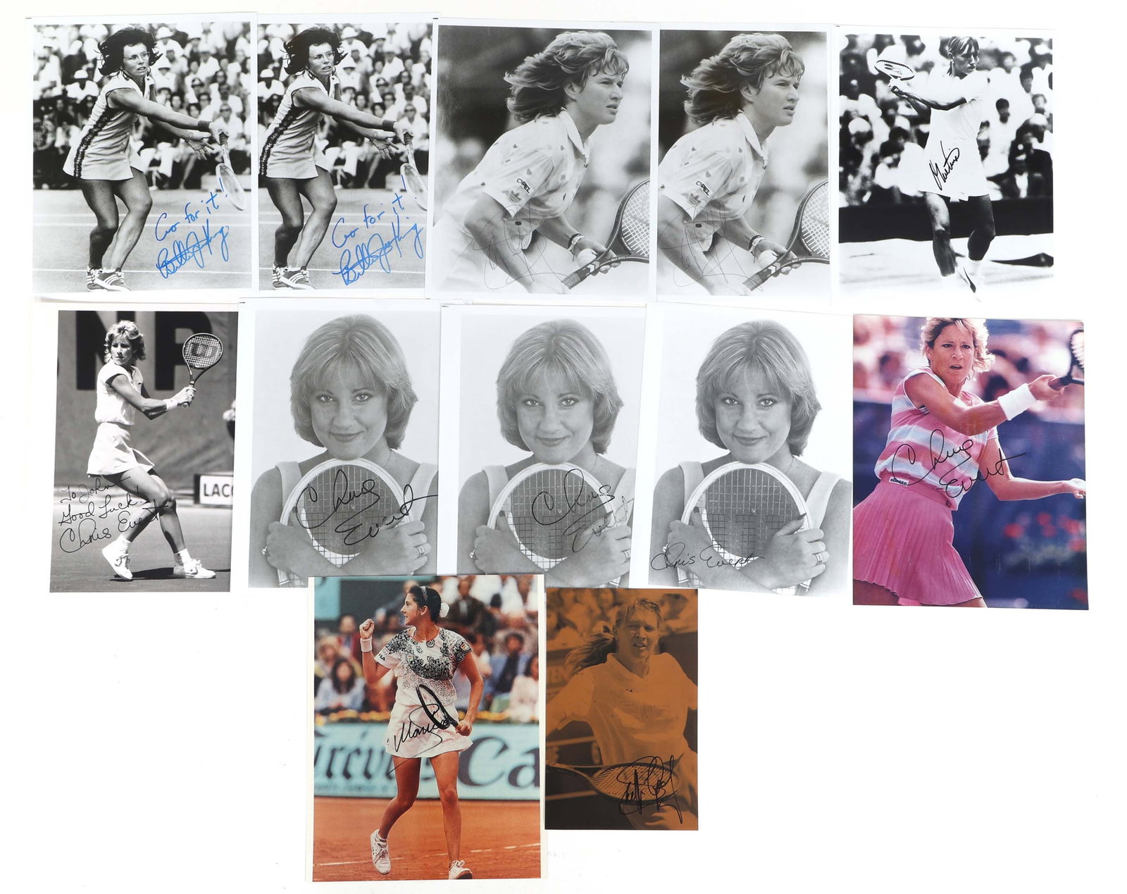 FEMALE TENNIS AUTOGRAPHS - GRAF, SELES, & EVERT: FEMALE TENNIS AUTOGRAPHS - GRAF, SELES, & EVERT Twelve female tennis player signatures. Includes: Steffi Graf 5 x 8" print signed in black marker (2) Steffi Graf 8 x 10" pr