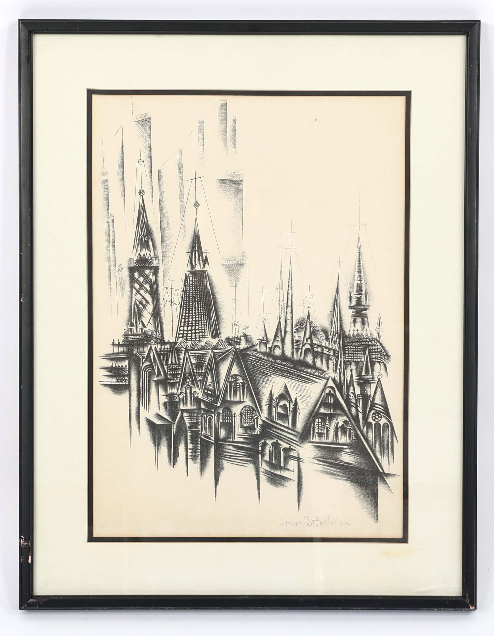 JOLAN GROSS-BETTELHEIM SIGNED LITHOGRAPH: JOLAN GROSS-BETTELHEIM SIGNED LITHOGRAPH Jolán Gross-Bettelheim (Hungarian 1900-1972) lithograph print on paper. Depicts church steeples. Signed in graphite in bottom right. Provenanc