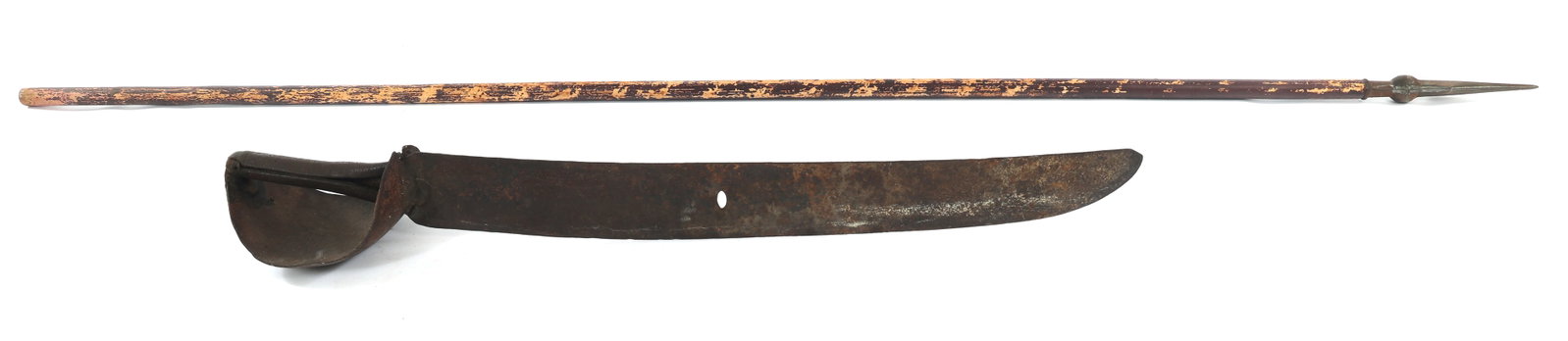 CONTEMPORARY CUTLASS & SPEAR: CONTEMPORARY CUTLASS & SPEAR Crudely crafted cutlass and spear. 