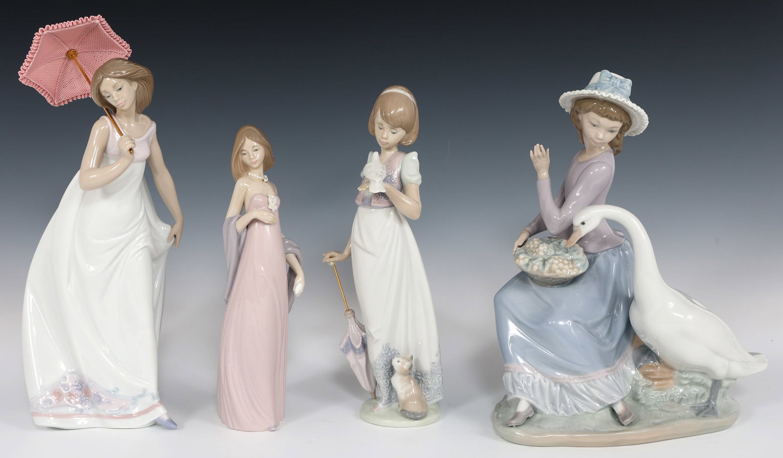 LLADRO PORCELAIN FIGURINES 5034, 5487, 7636, & 7601: LLADRO PORCELAIN FIGURINES 5034, 5487, 7636, & 7601 Lladro porcelain figurines include: 5034 Girl with Goose 5487 Ingenue, includes box 7611 Summer Stroll, includes box