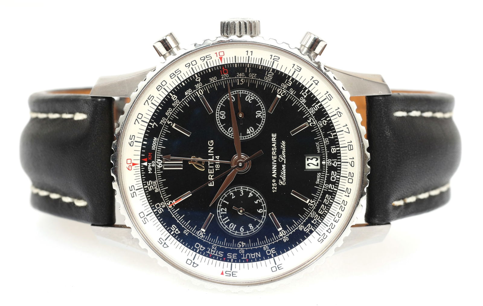 BREITLING STAINLESS STEEL 125TH NAVITIMER WRISTWATCH: BREITLING STAINLESS STEEL 125TH NAVITIMER WRISTWATCH Men's Breitling stainless steel 125th Anniversary Navitimer wristwatch: Black dial Baton markers Leather band