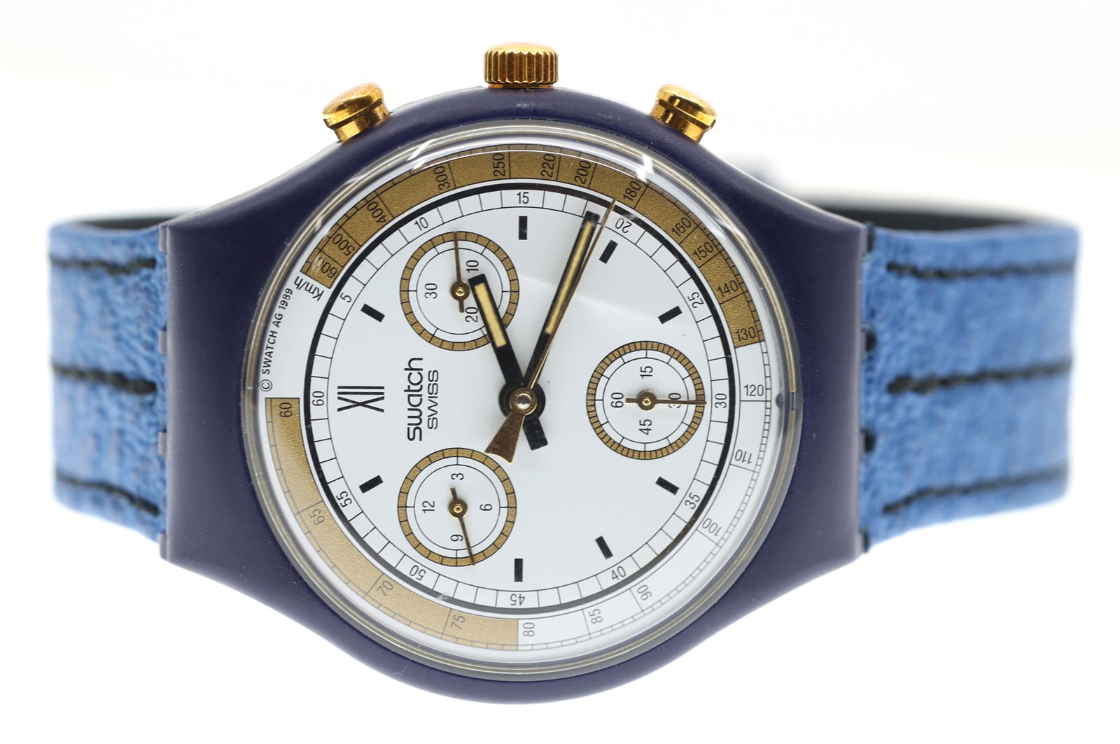 1980s SWATCH SKIPPER CHRONO SCN100 ELECTRICAL WATCH: 1980s SWATCH SKIPPER CHRONO SCN100 ELECTRICAL WATCH 1980s Swatch Skipper Chrono SCN100 electrical watch: Leather band Acrylic case Swiss movement Model: Skipper C