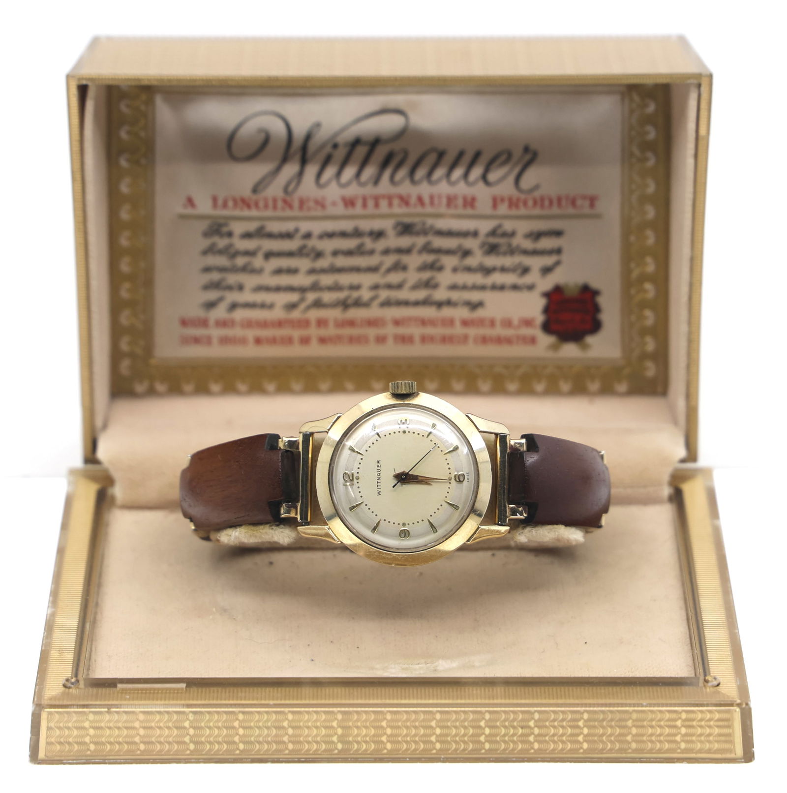 MEN'S WITTNAUER GOLD-FILLED CASE MECHANICAL WRISTWATCH: MEN'S WITTNAUER GOLD-FILLED CASE MECHANICAL WRISTWATCH Men's Wittnauer gold-filled case mechanical wristwatch: Triangle and Arabic numerals 17 jewels 10ESB movement