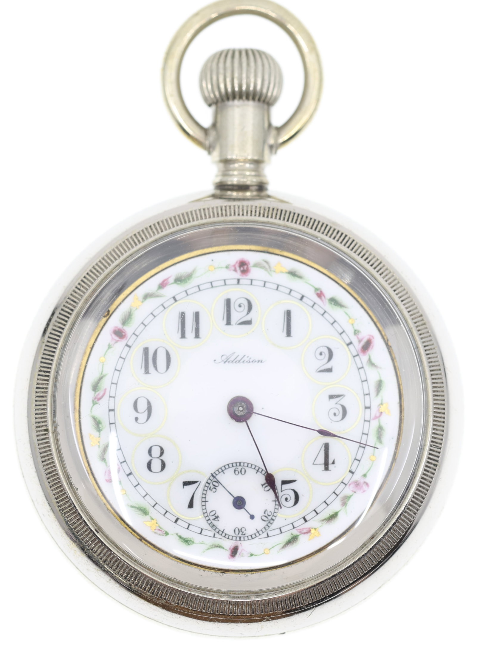 MEN'S ADDISON ENAMEL FACE NICKEL CASE POCKET WATCH: MEN'S ADDISON ENAMEL FACE NICKEL CASE POCKET WATCH Men's Addison nickel case pocket watch: Open face Enamel painted with Arabic numerals Size: 57mm Weight: