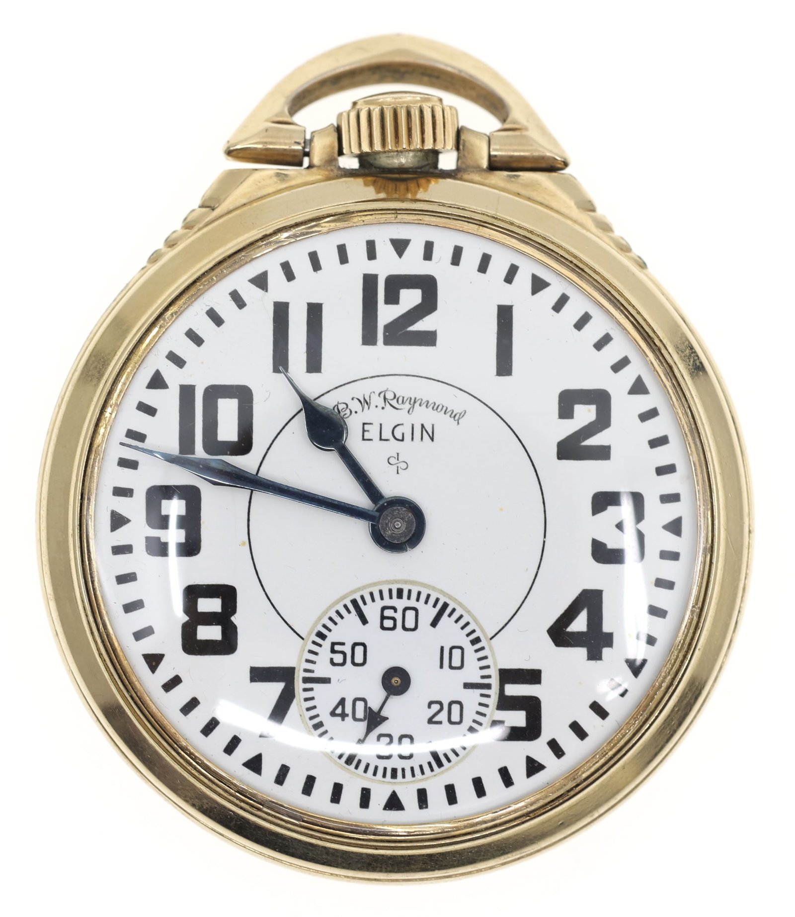 MEN'S ELGIN BW RAYMOND GOLD-FILLED CASE POCKET WATCH: MEN'S ELGIN BW RAYMOND GOLD-FILLED CASE POCKET WATCH Men's Elgin B.W. Raymond gold-filled case pocket watch: Open face Arabic numerals Movement/Serial #: S958533 <