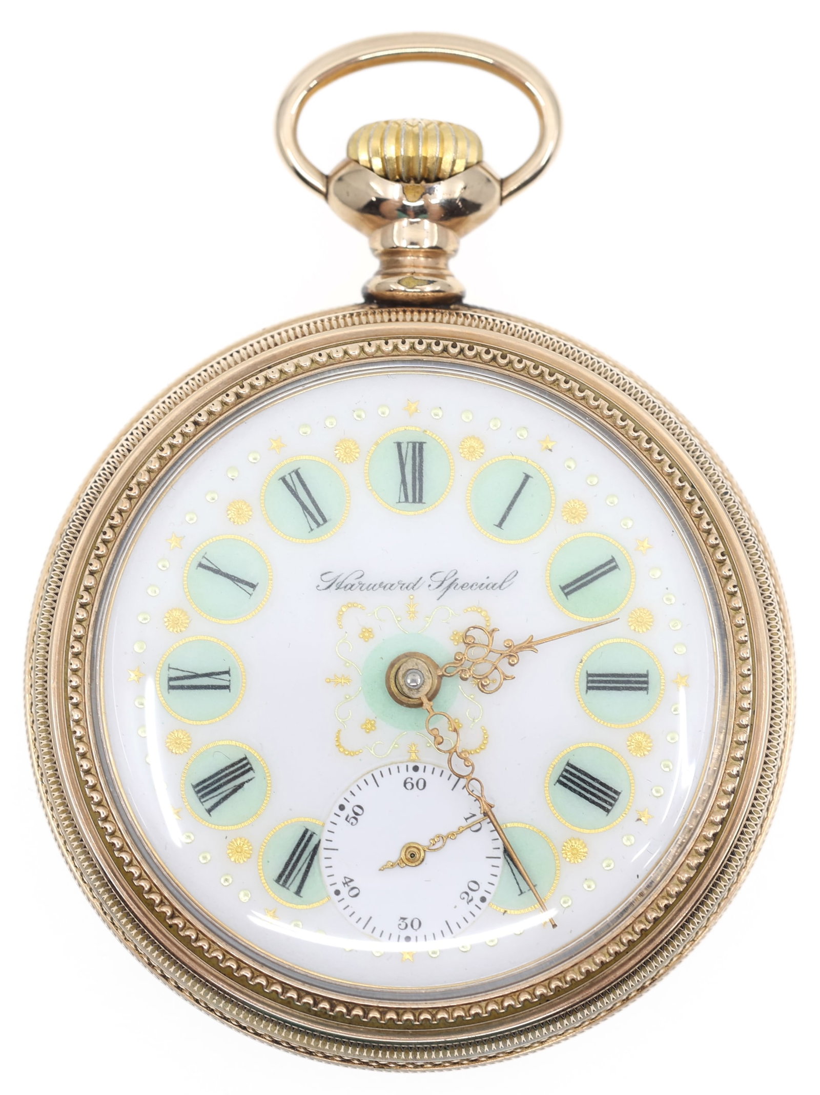 MEN'S HARWARD SPECIAL GOLD-FILLED CASE POCKET WATCH: MEN'S HARWARD SPECIAL GOLD-FILLED CASE POCKET WATCH Men's J.R. Sheaffer & Sons (Hamilton) Harward Special gold-filled case pocket watch: Open face Roman numerals with enamel and gilt decorati