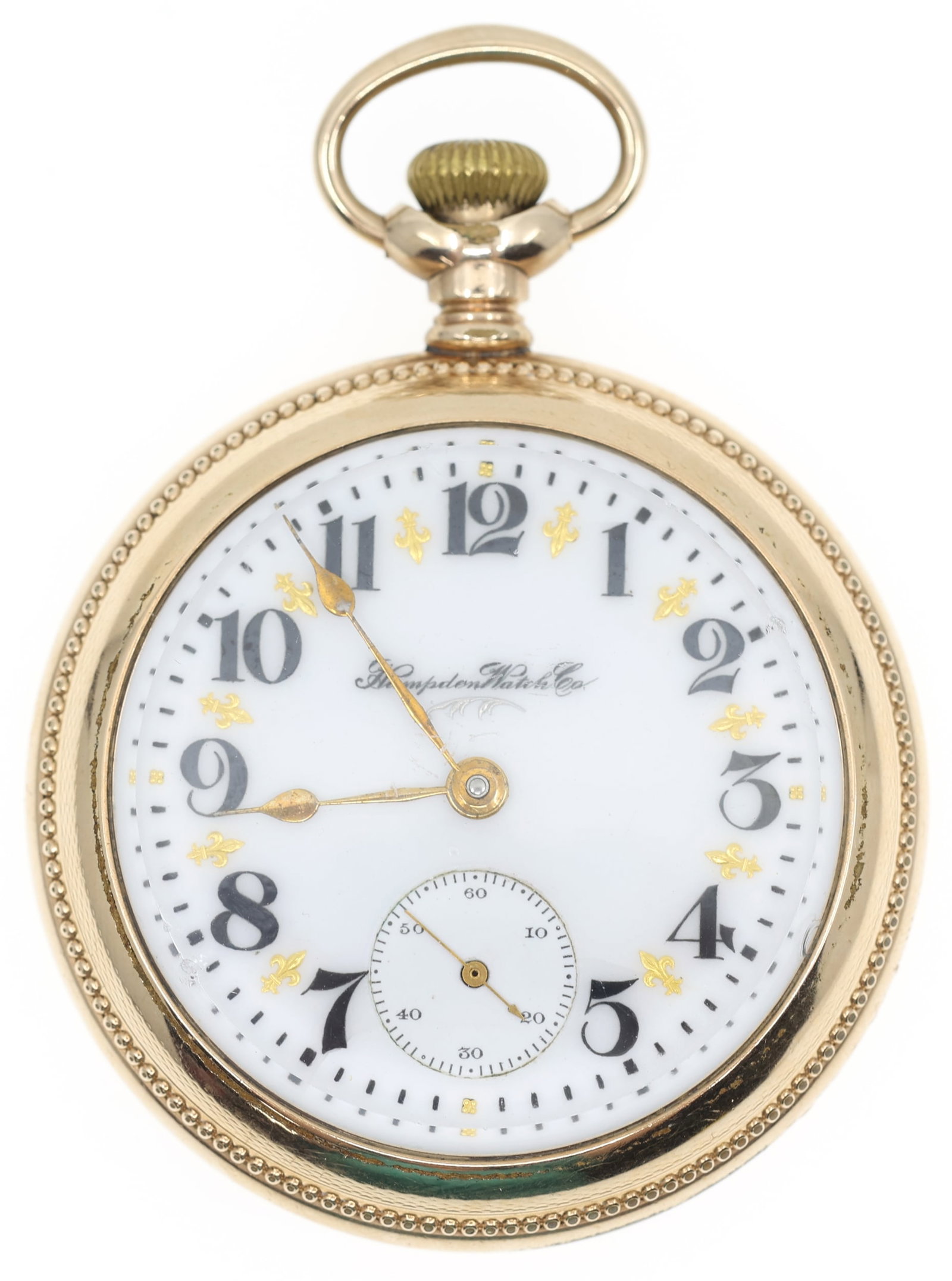 MEN'S HAMPDEN WATCH CO. GOLD-FILLED CASE POCKET WATCH: MEN'S HAMPDEN WATCH CO. GOLD-FILLED CASE POCKET WATCH Men's Hampden Watch Co. gold-filled case pocket watch: Open face Arabic numerals with gilt details Movement/Seria