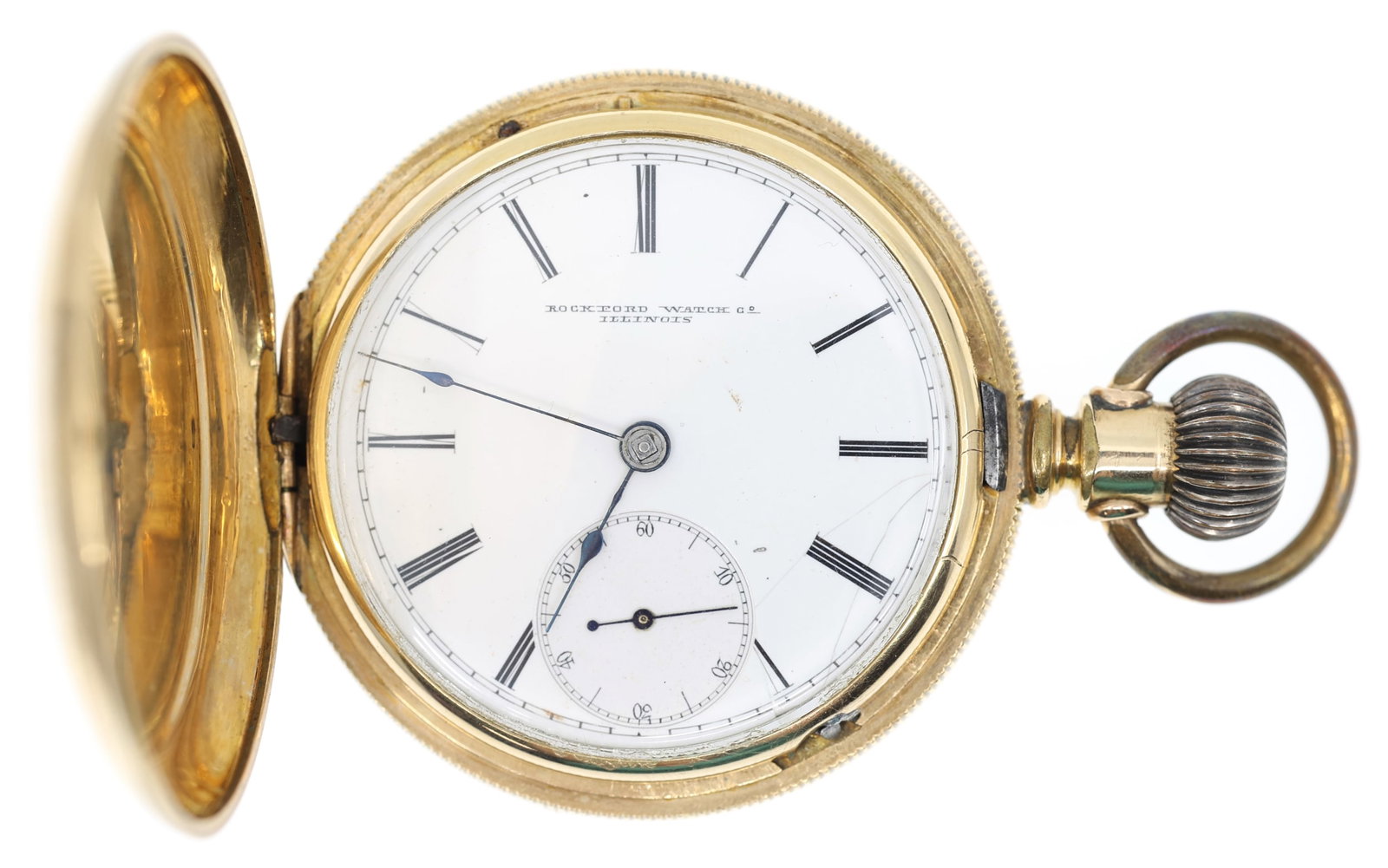 MEN'S ROCKFORD WATCH CO. GOLD-FILLED CASE POCKET WATCH: MEN'S ROCKFORD WATCH CO. GOLD-FILLED CASE POCKET WATCH Men's Rockford Watch Co. gold-filled hunting case pocket watch: Roman numerals Movement/Serial #: 181003 15 jewe
