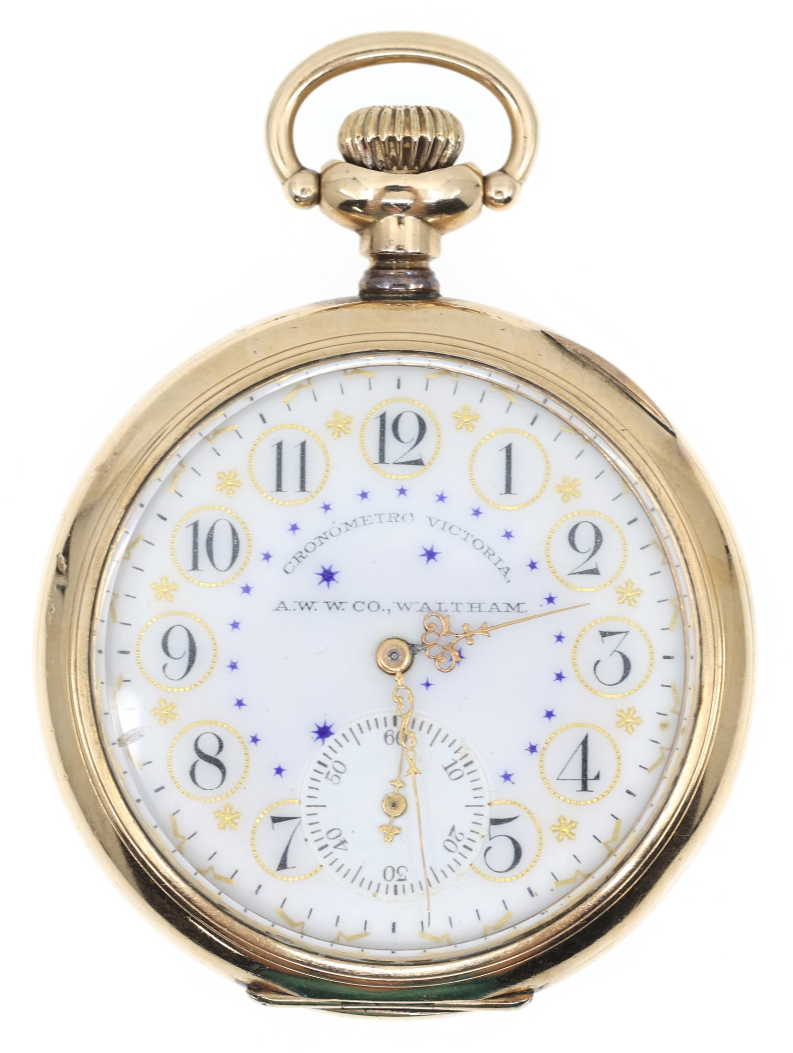 MEN'S WALTHAM EXPORT GOLD-FILLED CASE POCKET WATCH: MEN'S WALTHAM EXPORT GOLD-FILLED CASE POCKET WATCH Men's Waltham gold-filled case pocket watch: Open face Arabic numerals with enamel and gilt decoration Movement/Seri