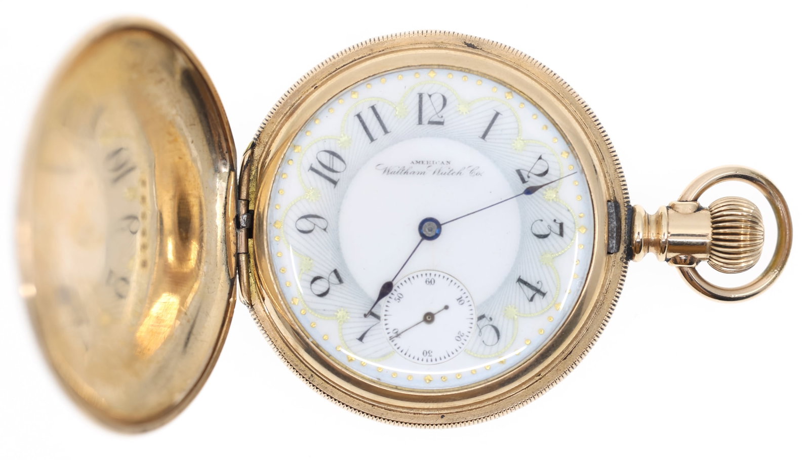 MEN'S WALTHAM GOLD-FILLED HUNTING CASE POCKET WATCH: MEN'S WALTHAM GOLD-FILLED HUNTING CASE POCKET WATCH Men's Waltham gold-filled hunting case pocket watch: Arabic numerals The face is decorated with enamel and gilt Moveme
