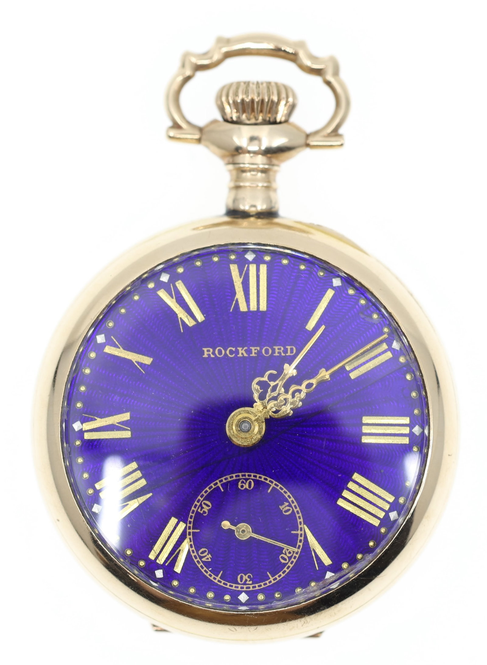 LADIES ROCKFORD GOLD-FILLED CASE POCKET WATCH: LADIES ROCKFORD GOLD-FILLED CASE POCKET WATCH Ladies Rockford gold-filled case pocket watch: Open face Roman numerals Blue enamel face Movement/Serial #: