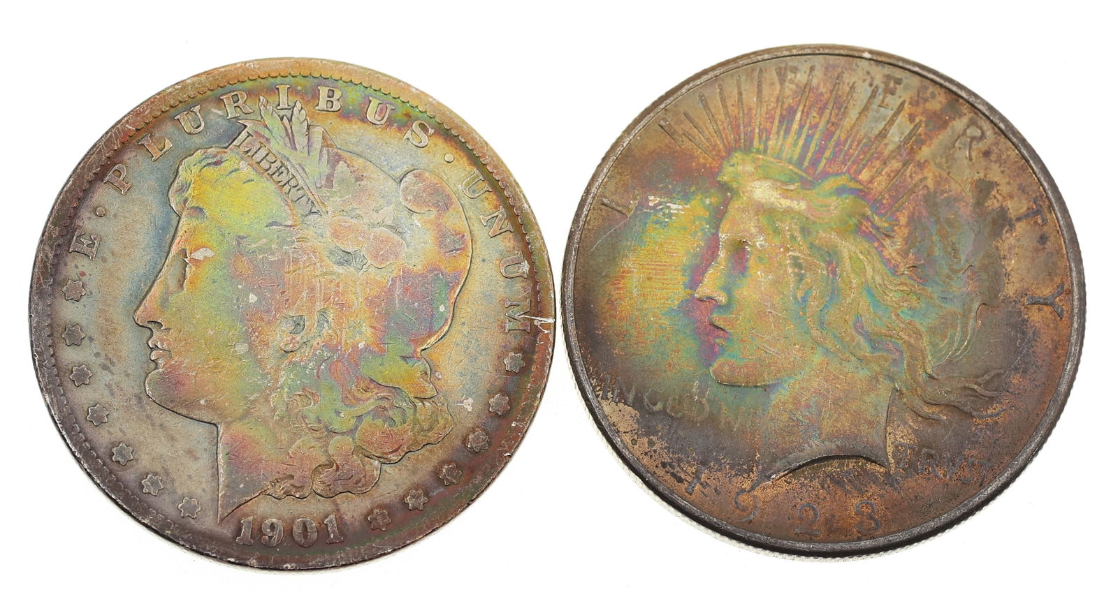 US SILVER 1901-O MORGAN & 1923-S PEACE $1 COINS - TONED (1 of 2)
