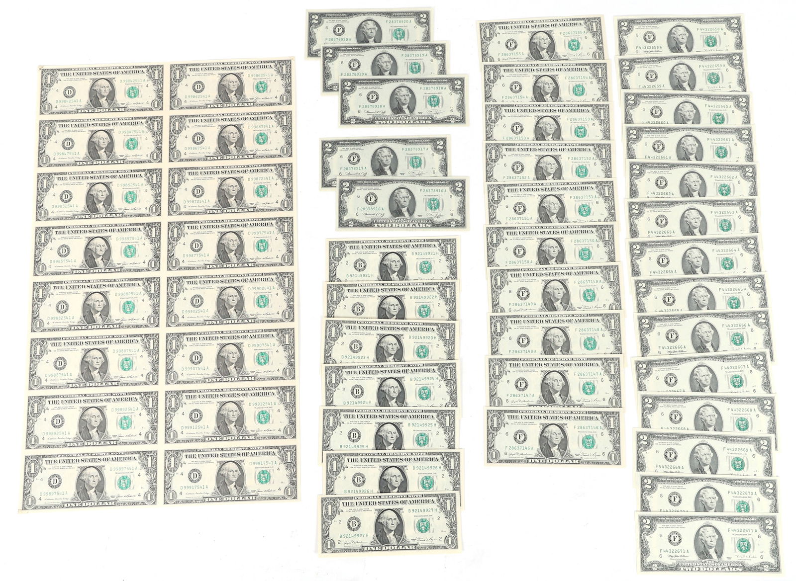 US $1 & $2 NOTES - UNCUT SHEET & SEQUENTIAL (1 of 8)