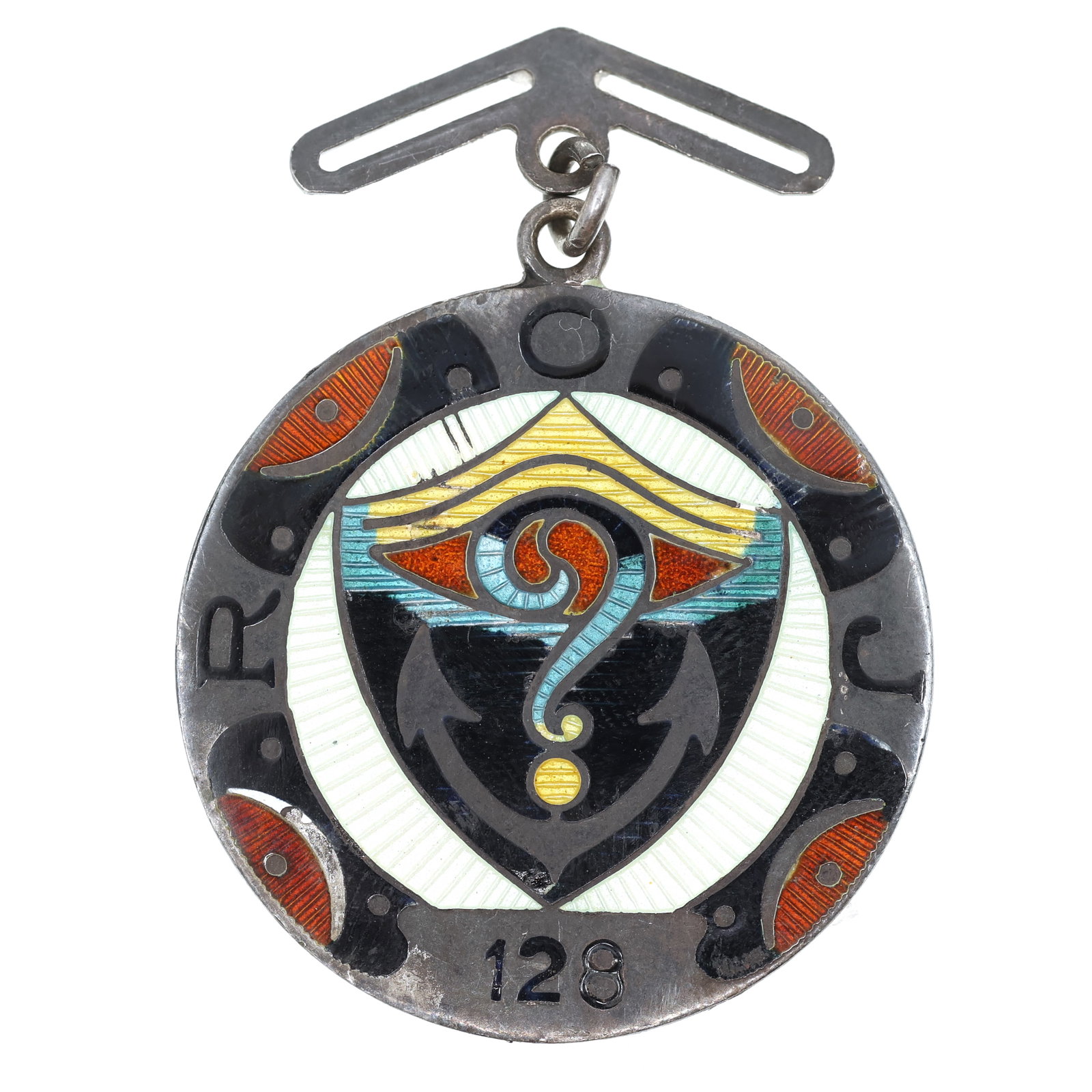 ROYAL ORDER OF JESTERS STERLING SILVER BADGE: ROYAL ORDER OF JESTERS STERLING SILVER BADGE Royal Order of Jesters fraternal sterling silver and enamel badge, No. 128. Marked along rim.