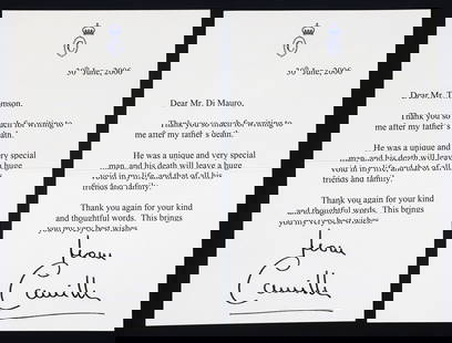 QUEEN CONSORT CAMILLA AUTOPEN SIGNED LETTERS: QUEEN CONSORT CAMILLA AUTOPEN SIGNED LETTERS Queen consort to King Charles III, Queen Camilla (Then Camilla, Duchess of Cornwall) typed letter addressed to Mr. John Dimauro and Mr. Thomson, dated June