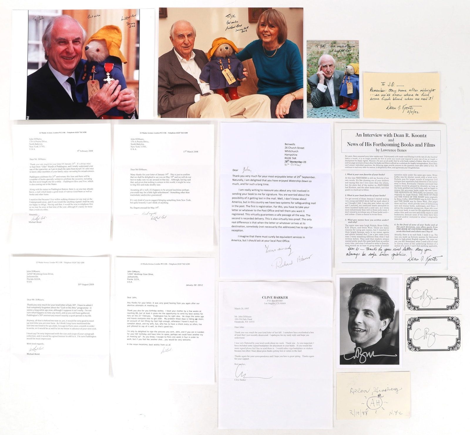 WRITER AUTOGRAPHS - BARKER, KOONTZ, & BOND (1 of 8)