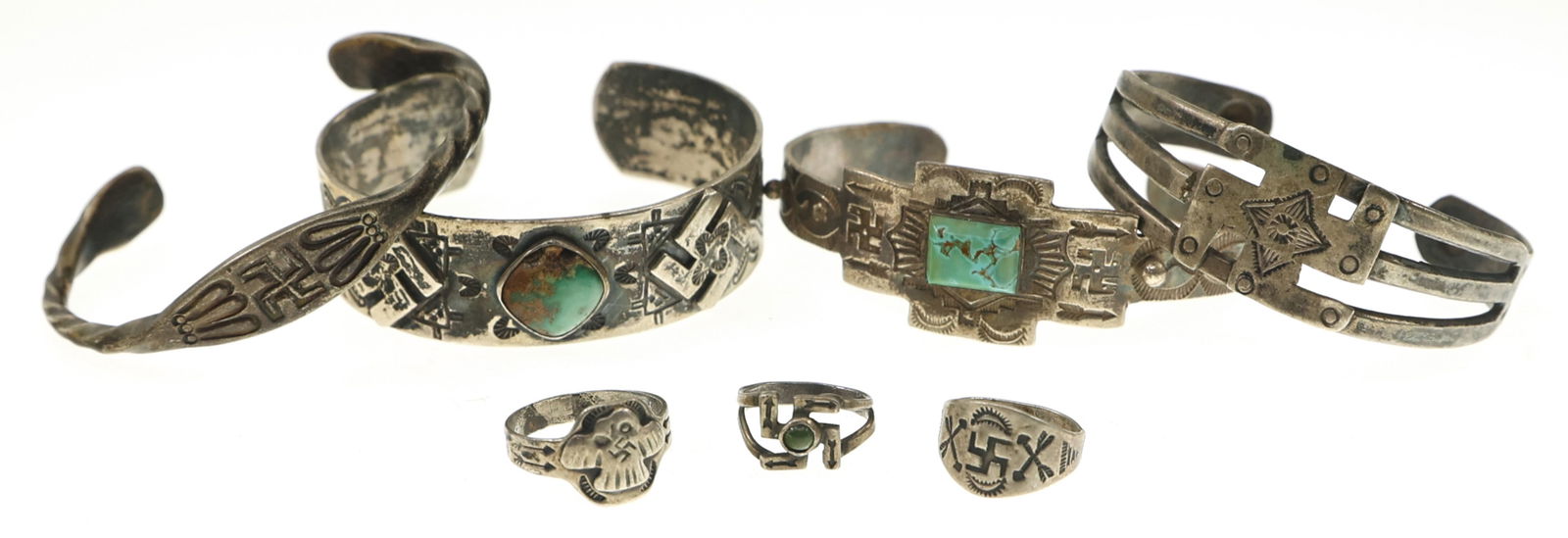 STERLING SILVER NATIVE AMERICAN CUFF BRACELETS & RINGS: STERLING SILVER NATIVE AMERICAN CUFF BRACELETS & RINGS Sterling silver Native American cuff bracelets & rings with good luck swastika, including: Square cut Turquoise cuff bracelet (6.75"), stone