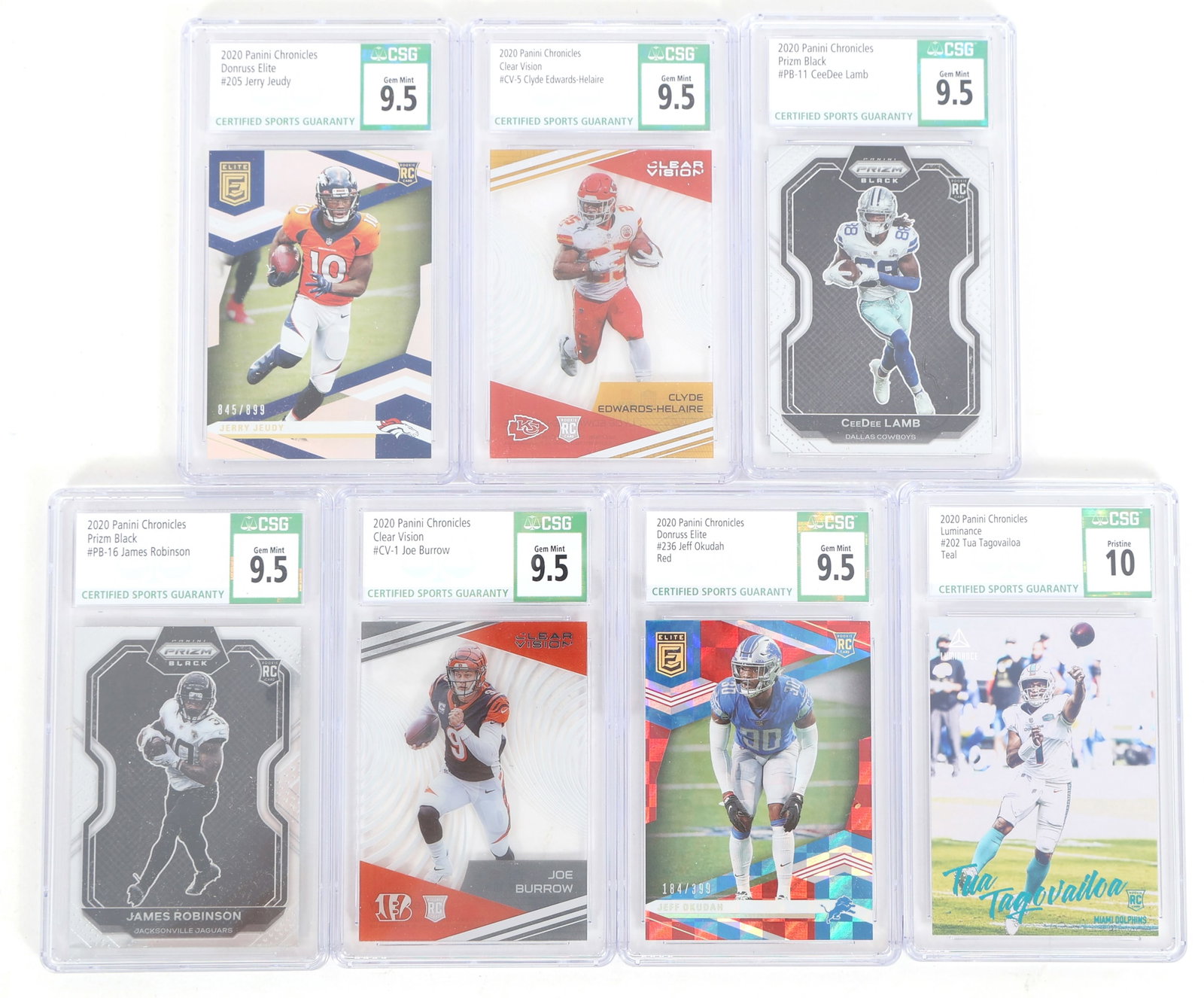 2020 PANINI CHRONICLES FOOTBALL CARDS CSG GRADED: 2020 PANINI CHRONICLES FOOTBALL CARDS CSG GRADED 2020 Certified Sports Guaranty graded Panini Chronicles football trading cards. Includes: Clear Vision Joe Burrow (9.5) Clear Vision Clyde Edwards-Hela
