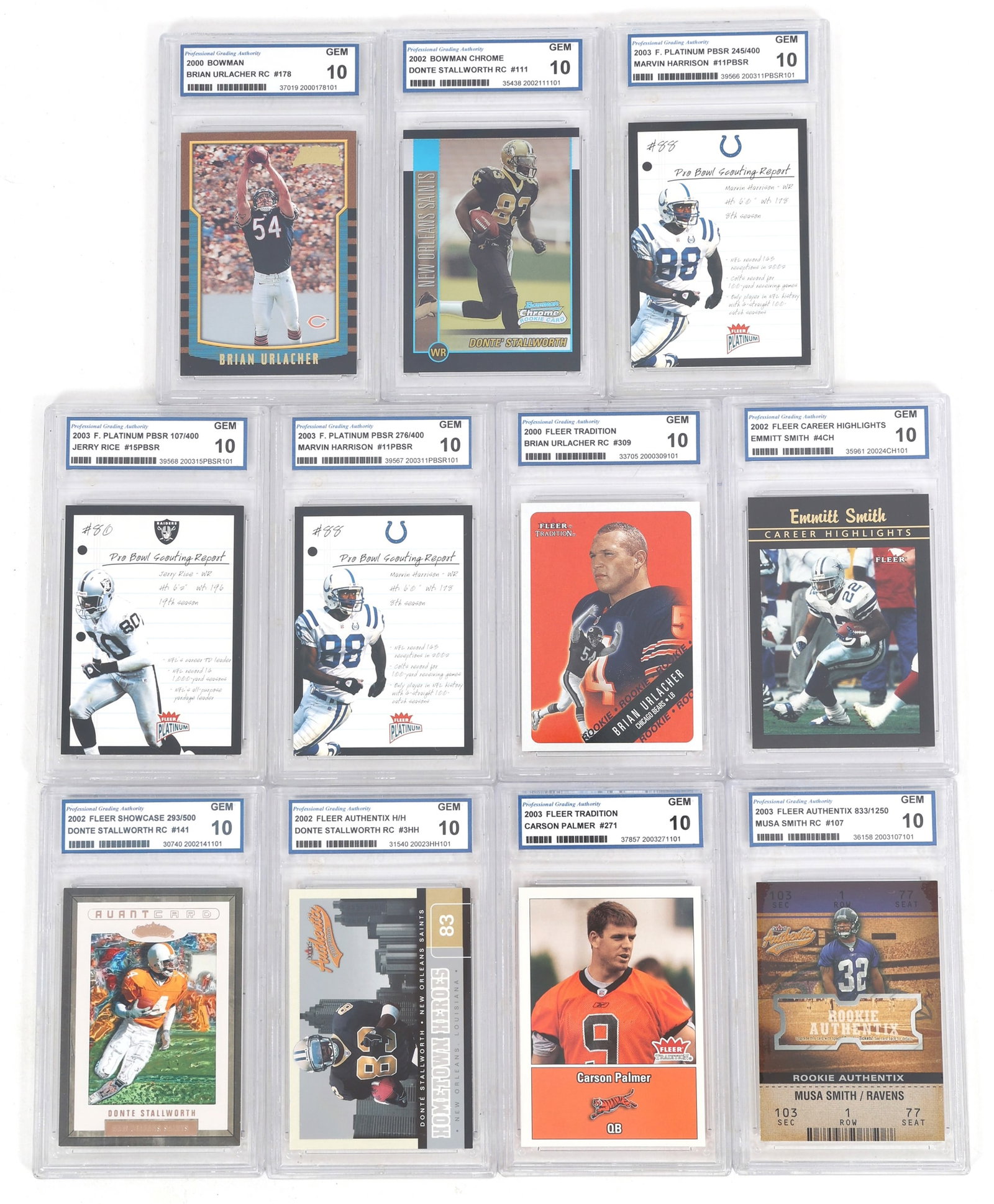 2000-03 BOWMAN AND FLEER FOOTBALL CARDS PGA GRADED: 2000-03 BOWMAN AND FLEER FOOTBALL CARDS PGA GRADED 2000 - 2003 Professional Grading Authority graded Bowman and Fleer football cards. All graded 10. Includes: Bowman 2000 Brian Urlacher RC 