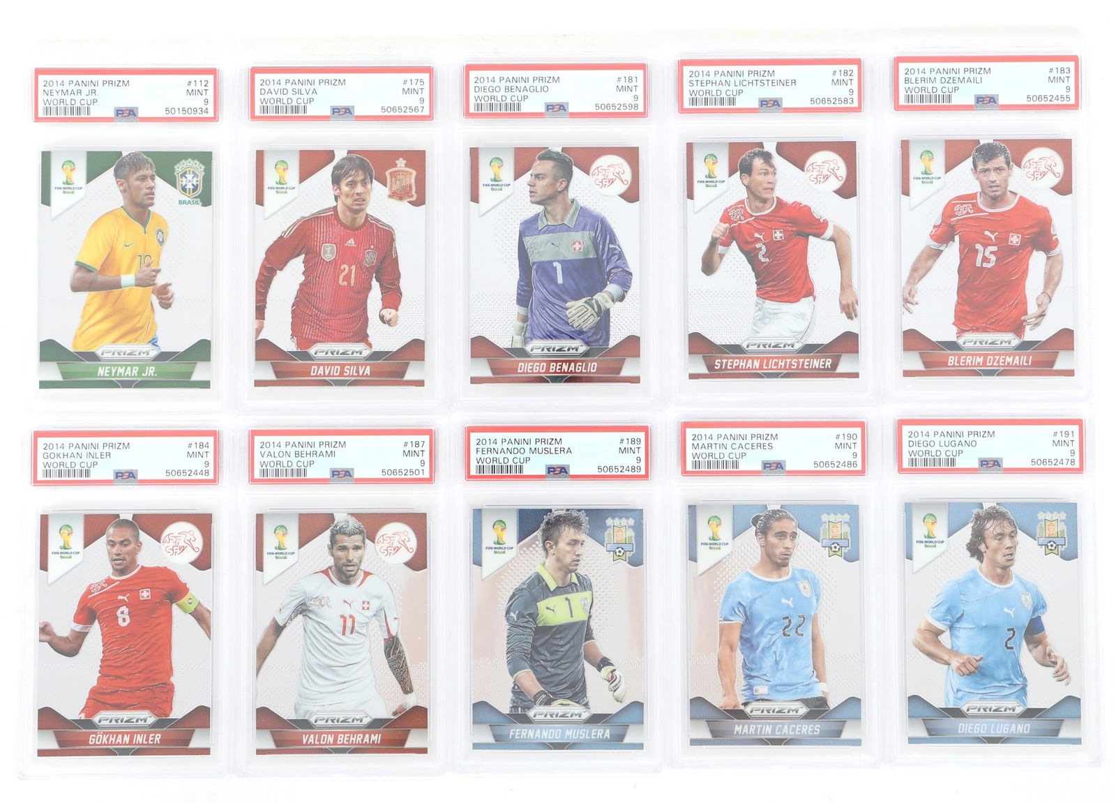 2014 PANINI PRIZM SOCCER WORLD CUP CARDS PSA GRADED: 2014 PANINI PRIZM SOCCER WORLD CUP CARDS PSA GRADED 2014 PSA graded Panini Prizm Soccer World Cup trading cards. Includes: Neymar Jr. #112 David Silva #175 Diego Benaglio #181 <
