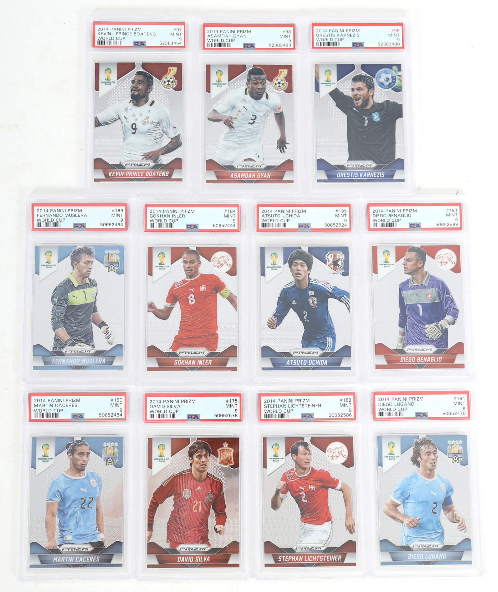 2014 PANINI PRIZM SOCCER WORLD CUP CARDS PSA GRADED: 2014 PANINI PRIZM SOCCER WORLD CUP CARDS PSA GRADED 2014 PSA graded Panini Prizm Soccer World Cup trading cards. All graded 9. Includes: Kevin-Prince Boateng #97 Asamoah Gyan #98 Orestis Karnezi